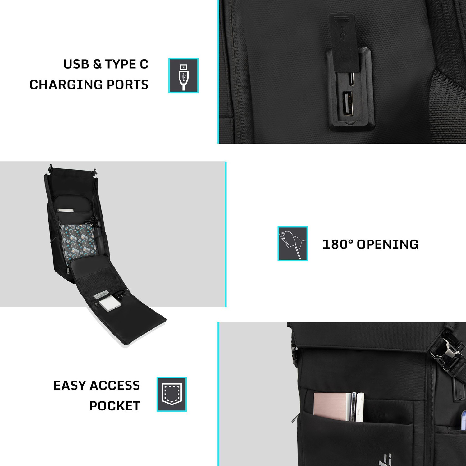 Image of F Gear Oslo Black with USB & Type-C Charging and Sternum Buckle 27 L Laptop Backpack