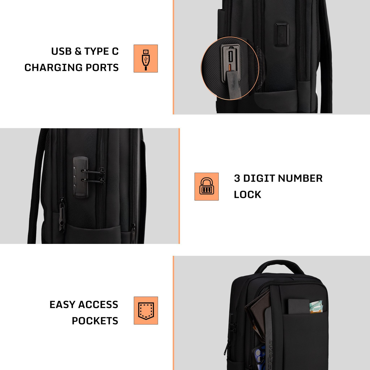 Image of F Gear Alpha 25L Black Anti-Theft Laptop Backpack | 17 inch Laptop, USB & Type-C 25 L Laptop Backpack