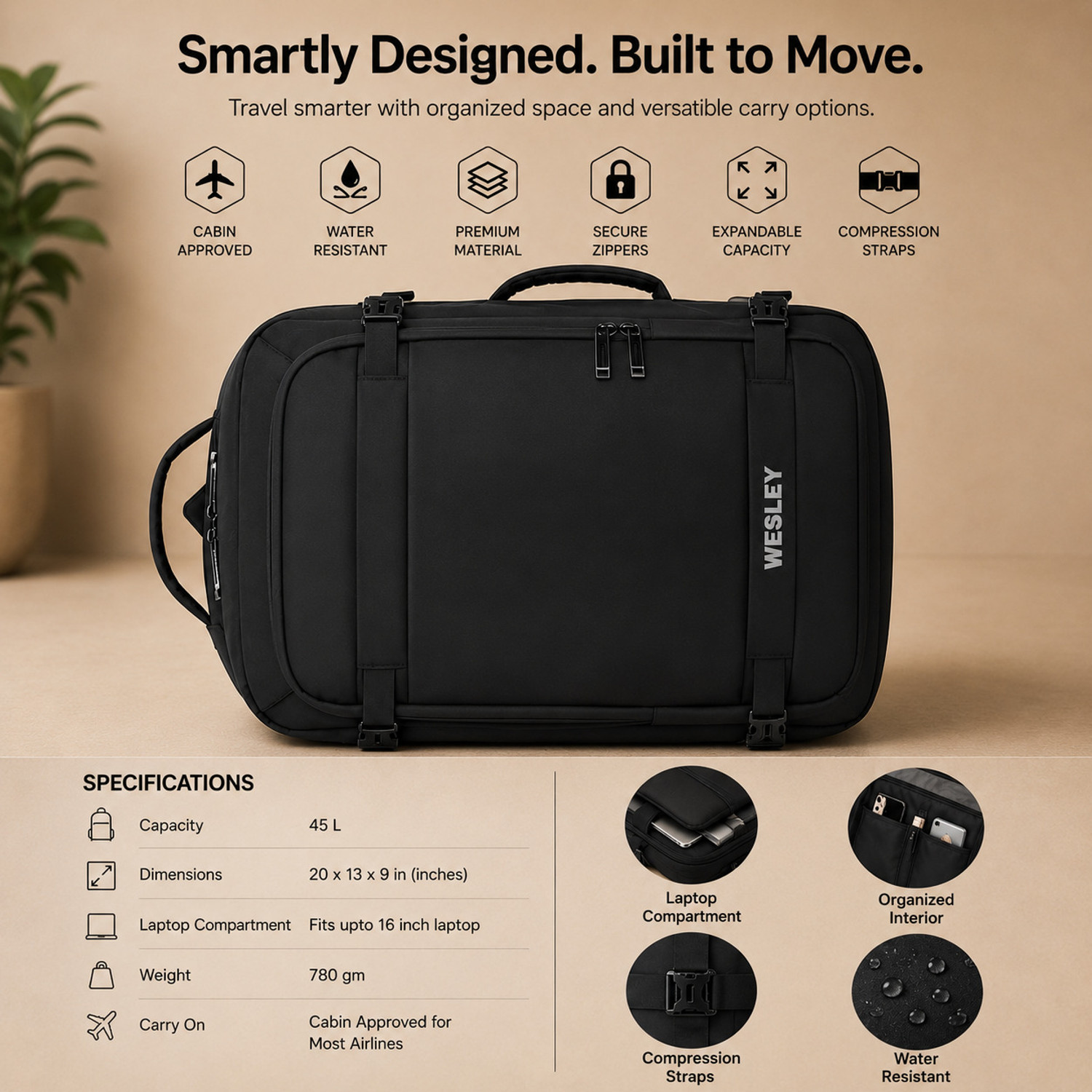 Image of WESLEY Luxur Overnighter Expandable AntiTheft feature Weekender /business /Travel /luggage 45 L Laptop Backpack