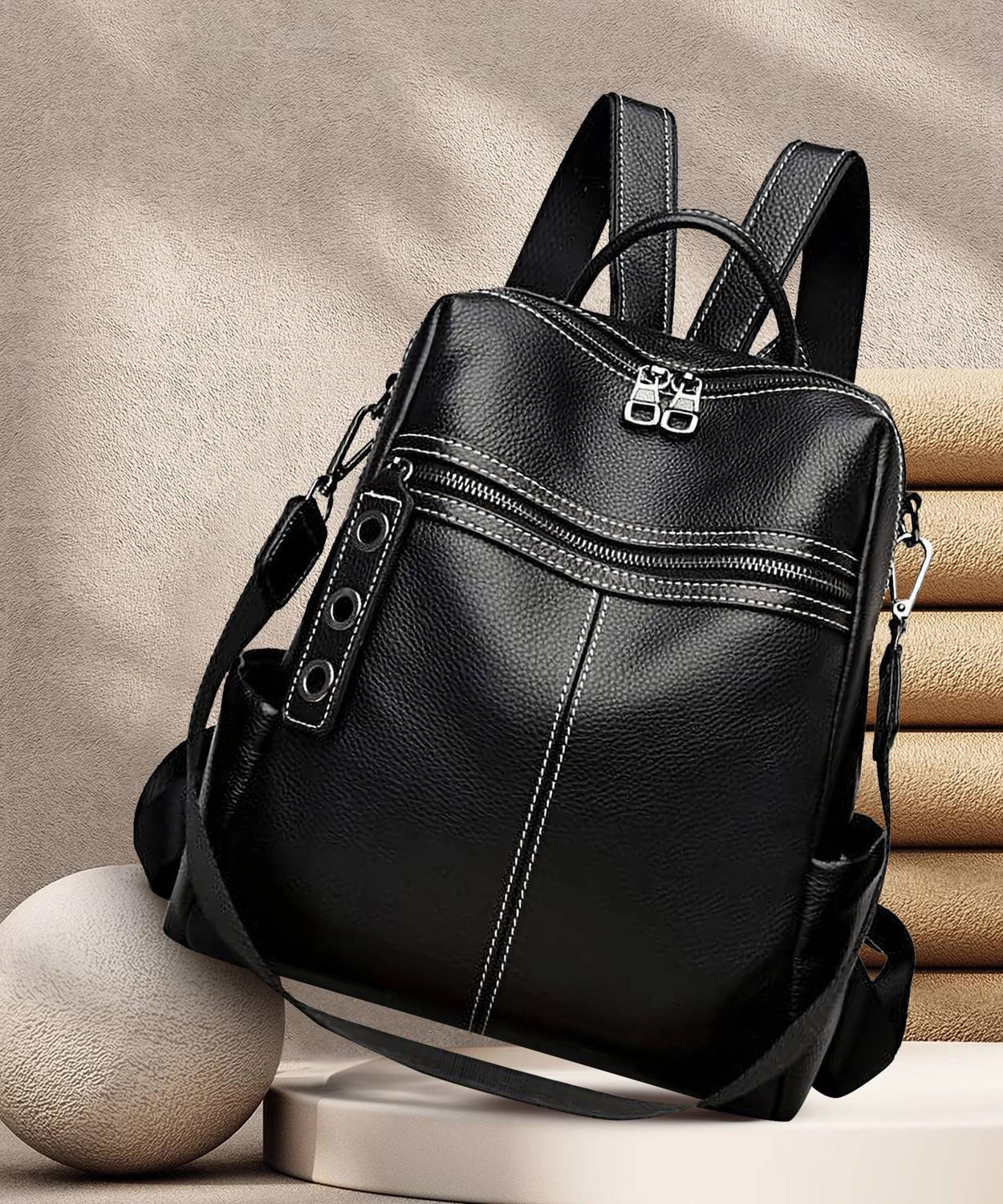 WomenBuzz Black Leather Backpack Convertible Backpack And Handbags