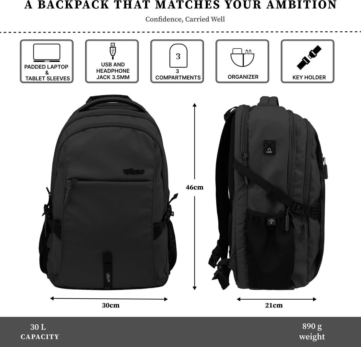Image of F Gear Amalfi 30L Backpack|3 Spacious Compartments|Multi Use Port|Sternum Strap 30 L Laptop Backpack