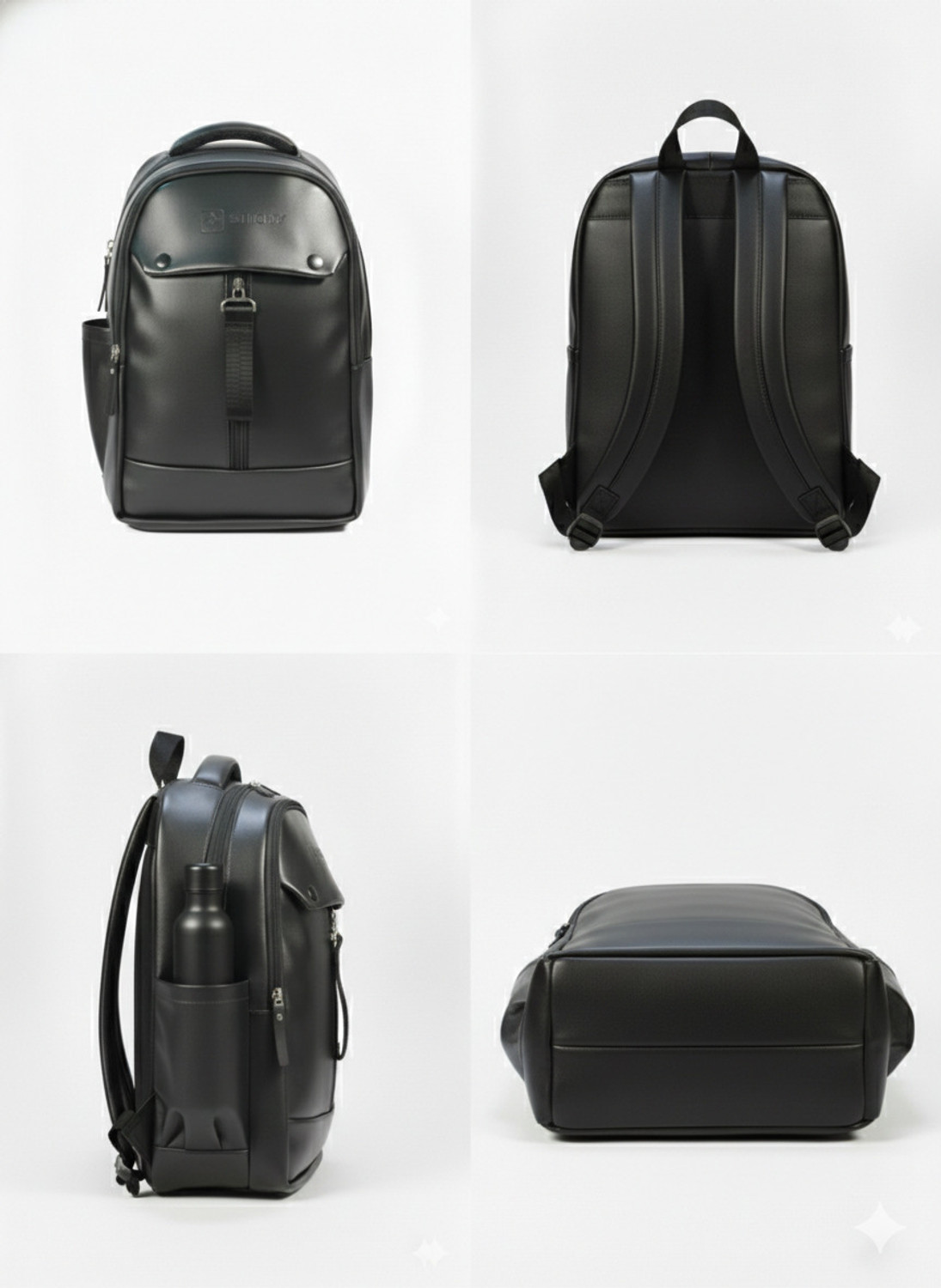 Image of STICHY Multi-Compartment Black Leather-Finish Backpack with Dual Bottle Pockets 20 L Backpack