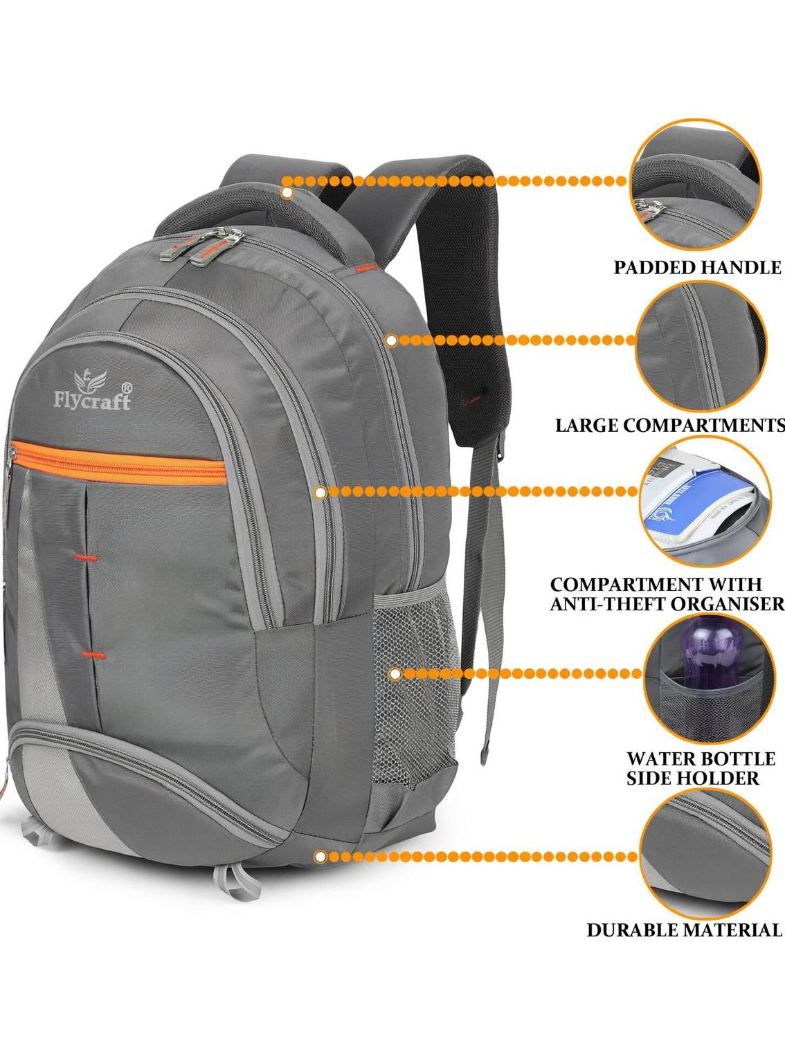 Flycraft simna.1555/3 grey orange spacy comfortable 4th to 10th class casual school bags Waterproof School Bag