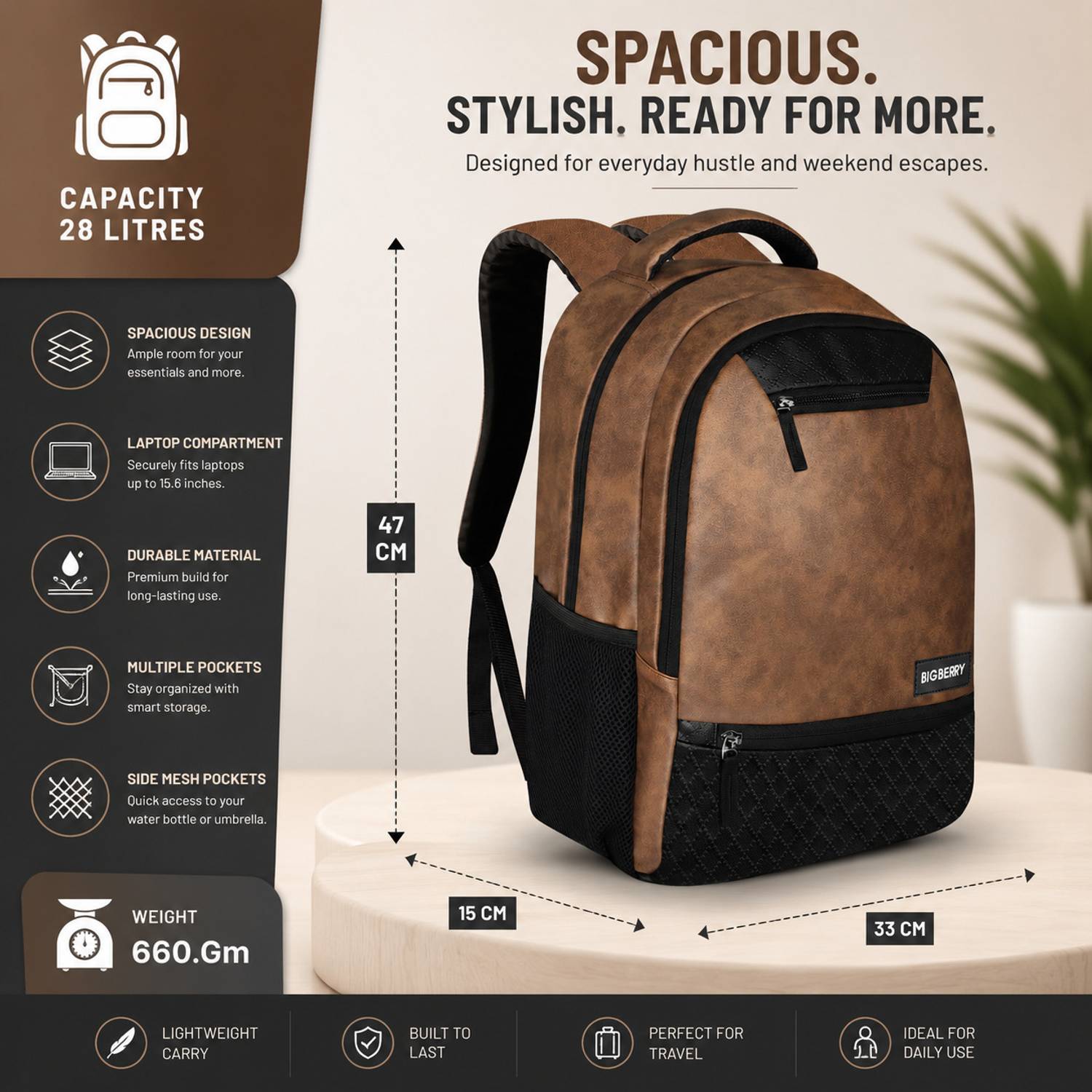 BIGBERRY NEWAGE CLASSIC 2.0 27L Brown Laptop Backpack - Image 2