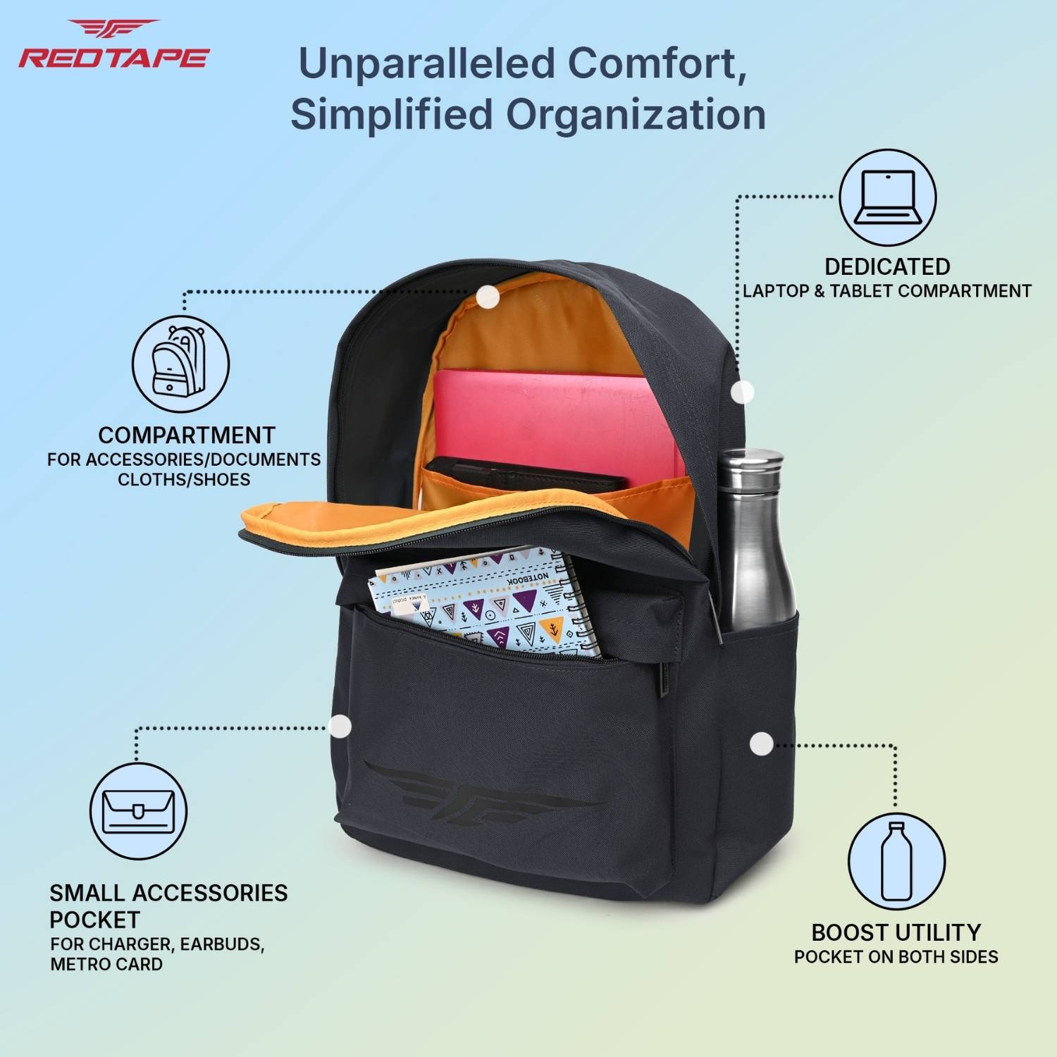 RED TAPE Grey Polyester Backpack 25.5L - Image 4