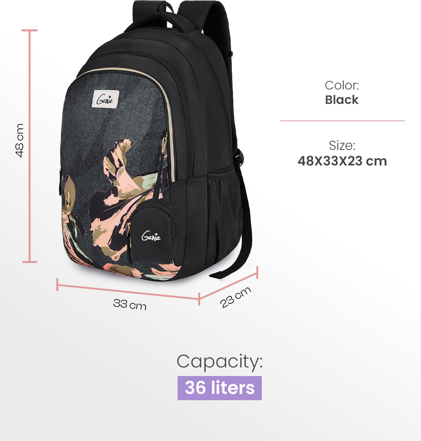 Image of Genie Seabloom School Backpack For Girls |19 Inch - Black 36 L Backpack