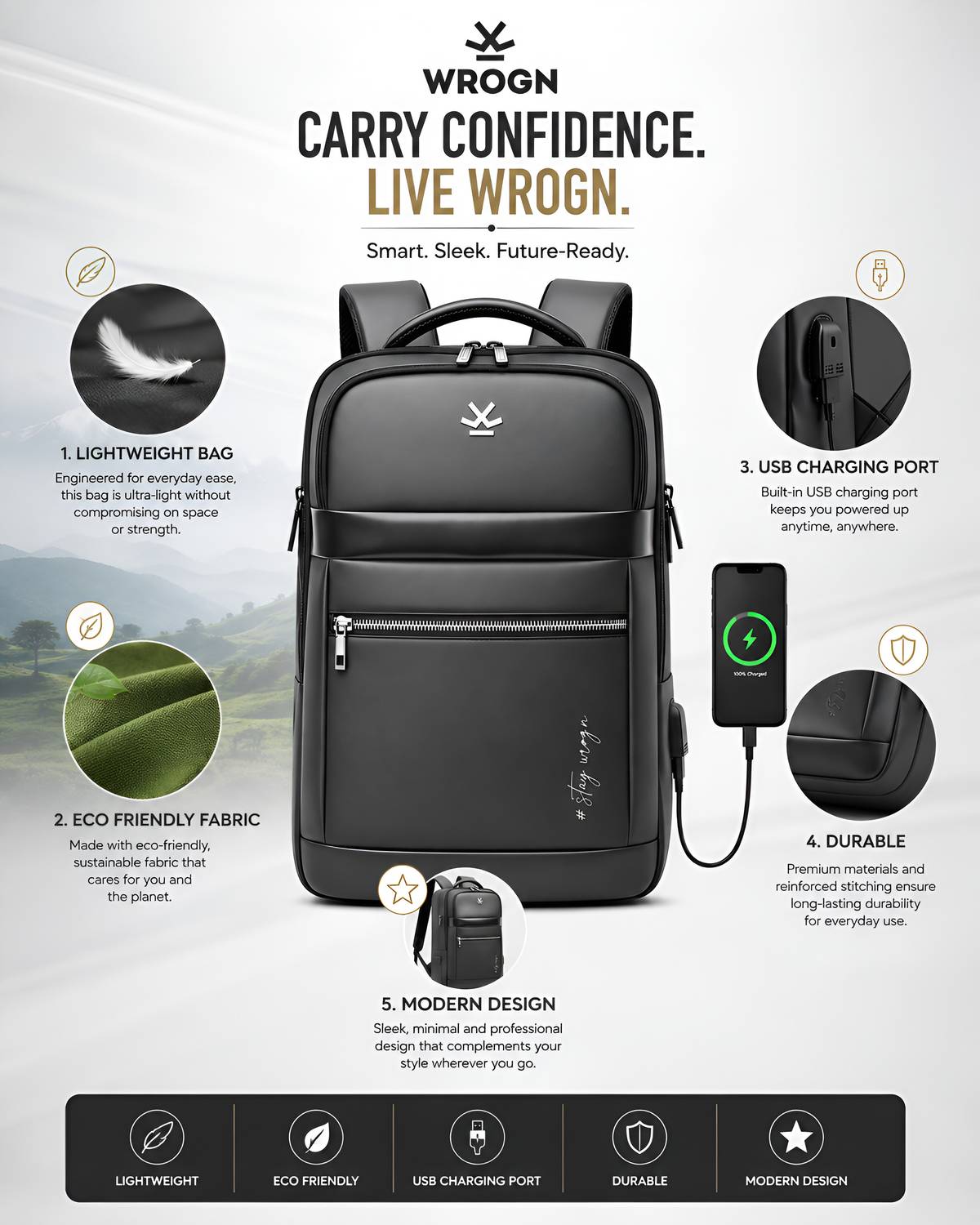 WROGN 32L Multi Compartment Laptop Backpack - Image 4