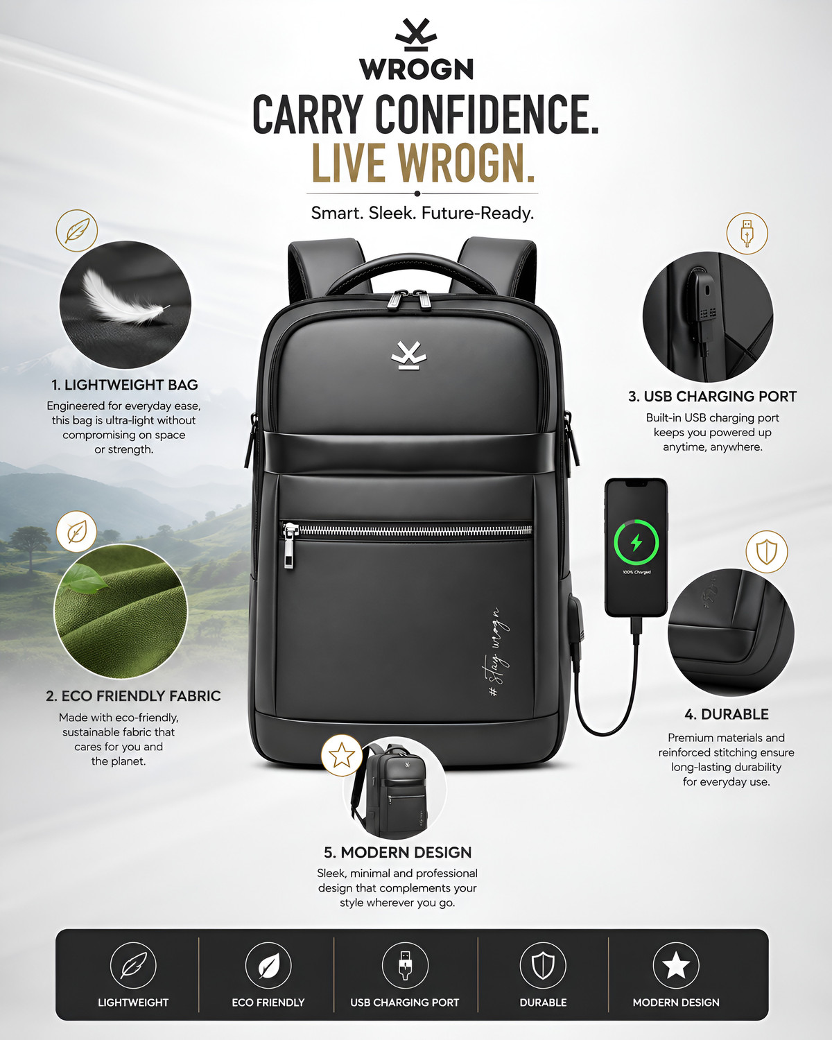 Image of WROGN Multi Compartment Laptop Backpack with USB Charging Port Backpack Office Travel 32 L Backpack