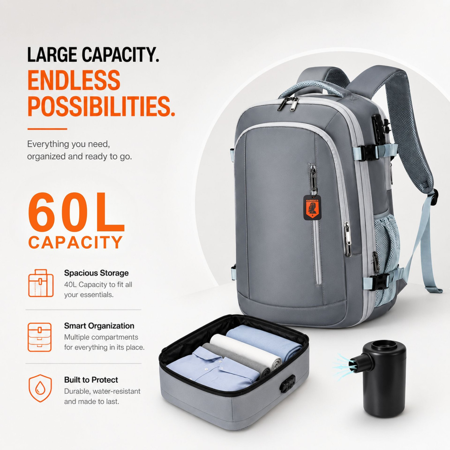 Image of KARRIER 3-in-1 Vacuum Compression Backpack: Travel Organizer with Laptop Compartment 60 L Backpack