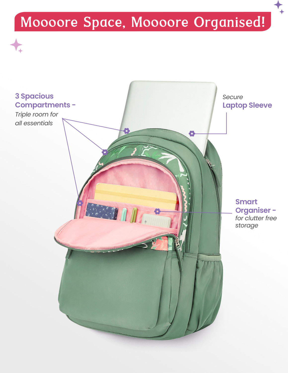 Image of Genie Mirana School Backpack For Girls |19 Inch - Sage 36 L Backpack