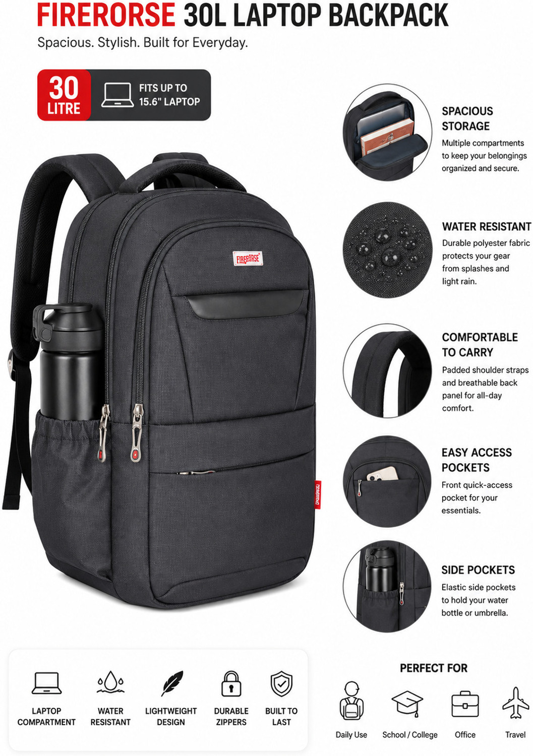 Image of FireHorse Anti Theft Pocket | Organizer | College Office bag Travel backpack 3 Compartment 30 L Backpack