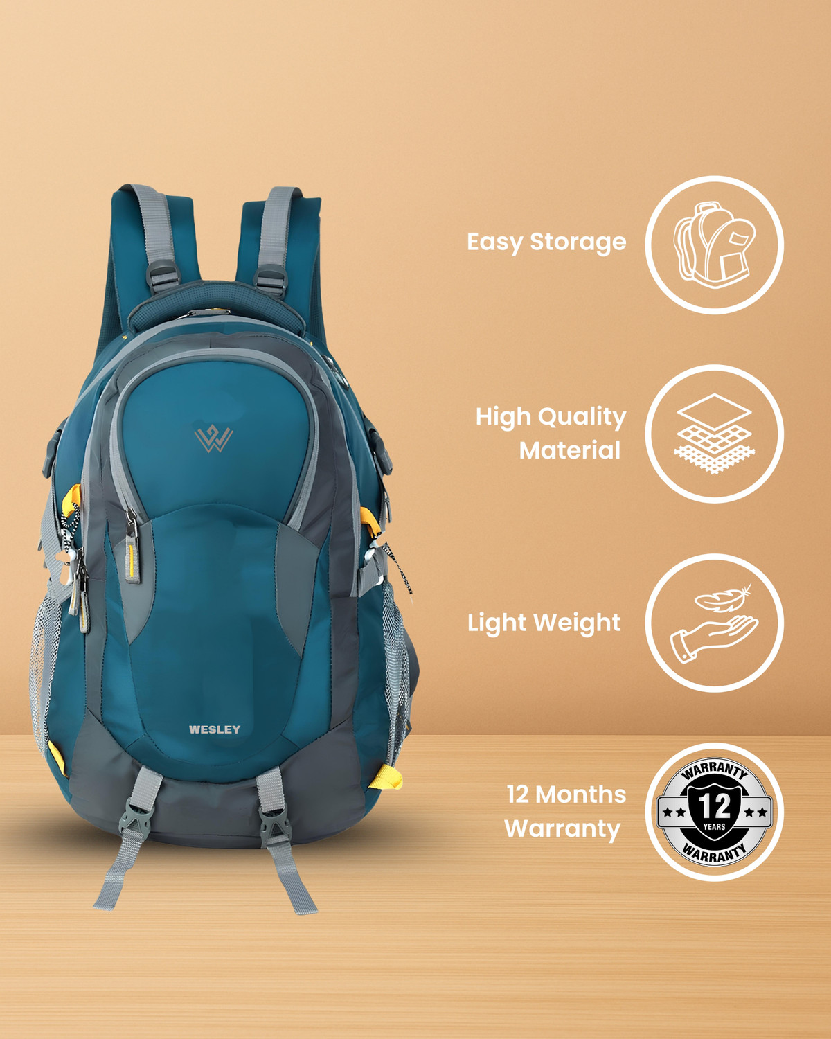 Image of WESLEY Spartan Rucksack hiking laptop bag fits upto 17.3 Raincover & internal organiser Rucksack - 45 L