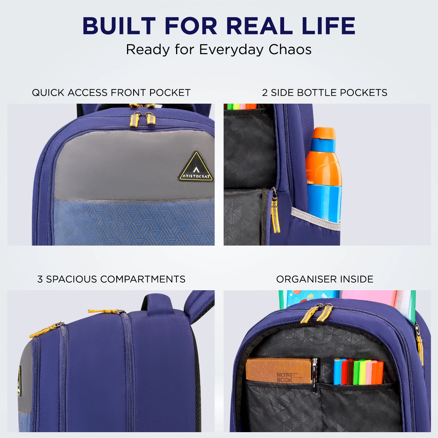 Image of ARISTOCRAT Edupack Casual Backpack for Boys & Girls with 3 Compartments, Side Bottle Pocket 45 L Backpack