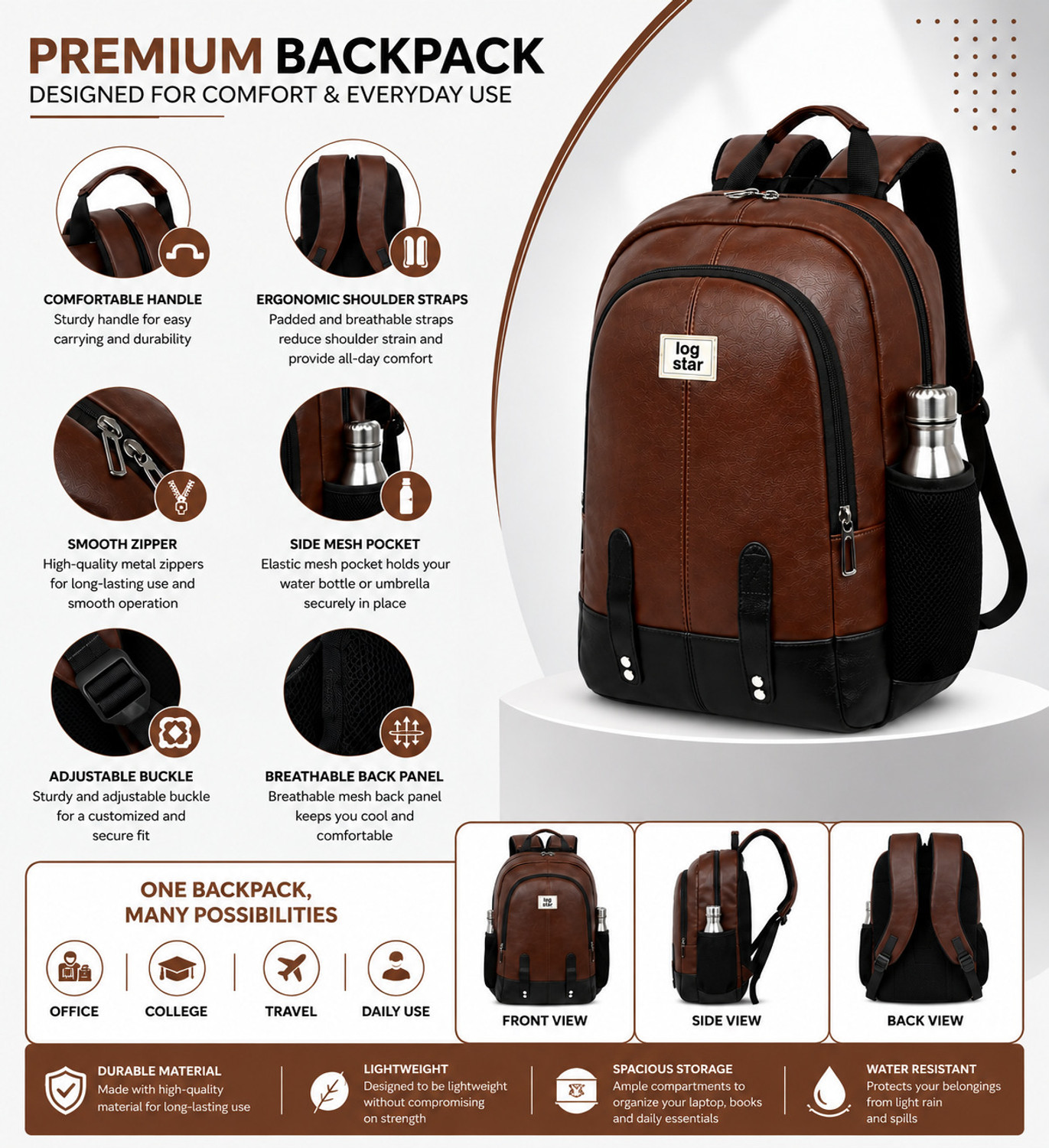 Image of Log-Star Medium 24 L Laptop Backpack 30 L premium leather backpack boy & girl (Brown)