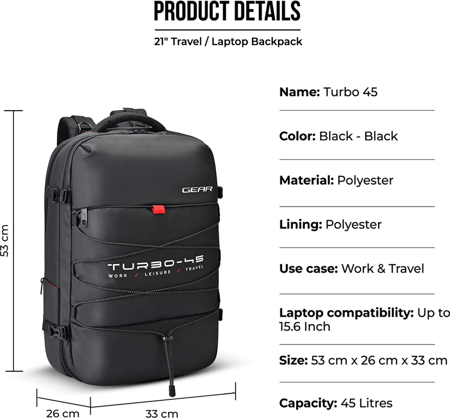 Image of Gear TURBO 45 TRAVEL LAPTOP BACKPACK 45 L Laptop Backpack