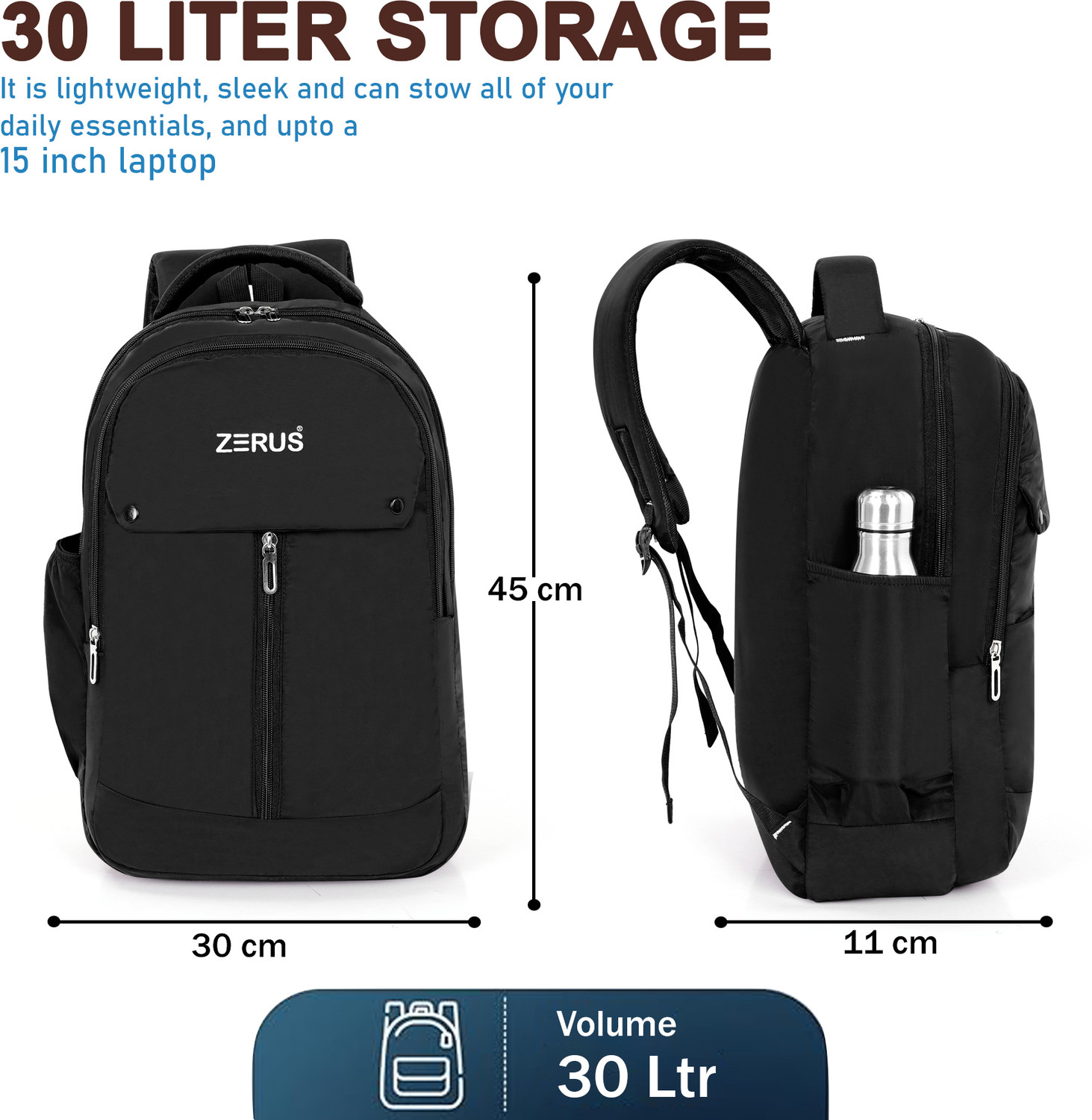 Image of ZERUS Premium Laptop Backpack with Bottle Pocket for Office College and Travel Use Waterproof School Bag