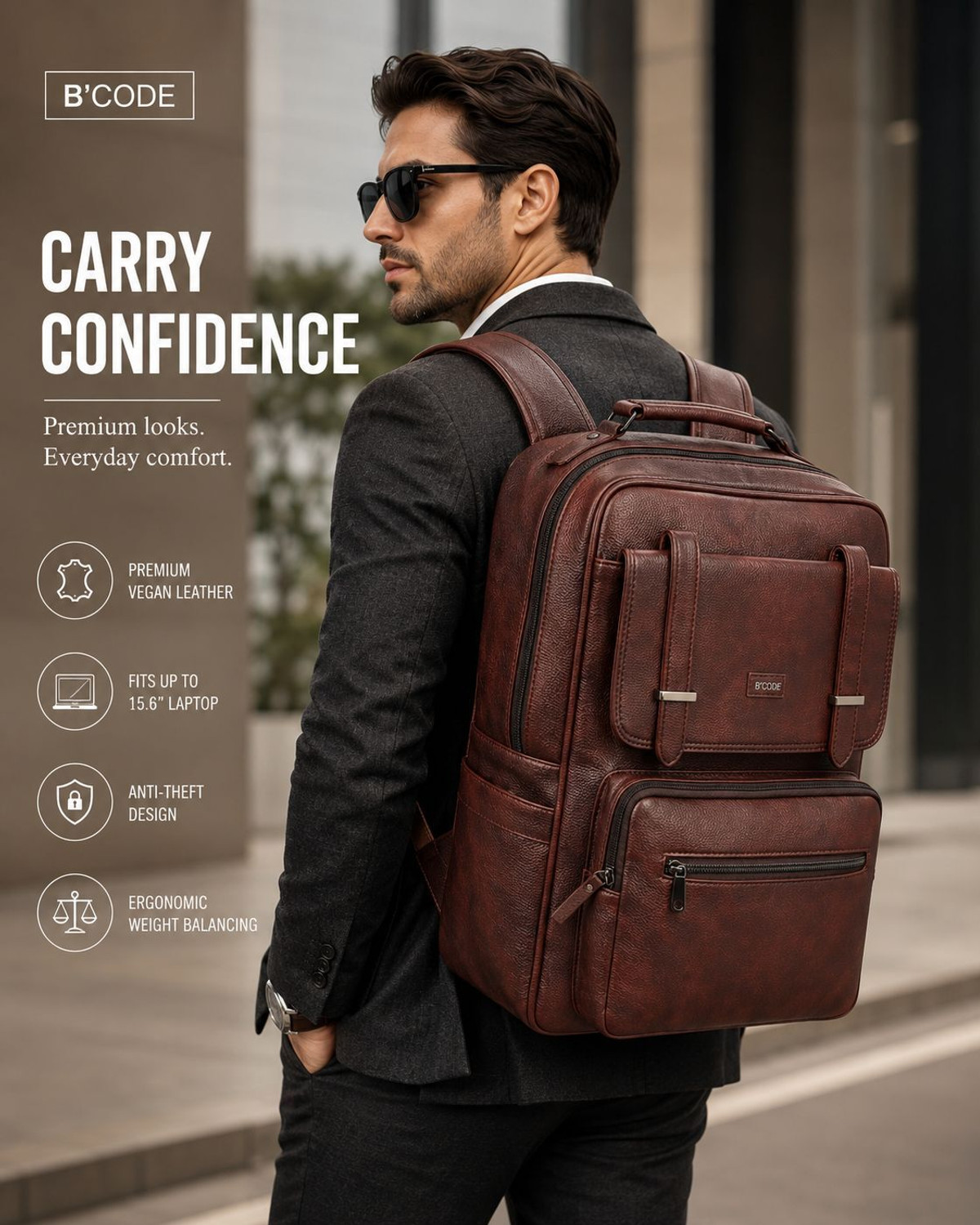Image of Bcode PrimePro 30L 15.6 Inches Anti-Theft Office Laptop Backpack-Brown 30 L Laptop Backpack