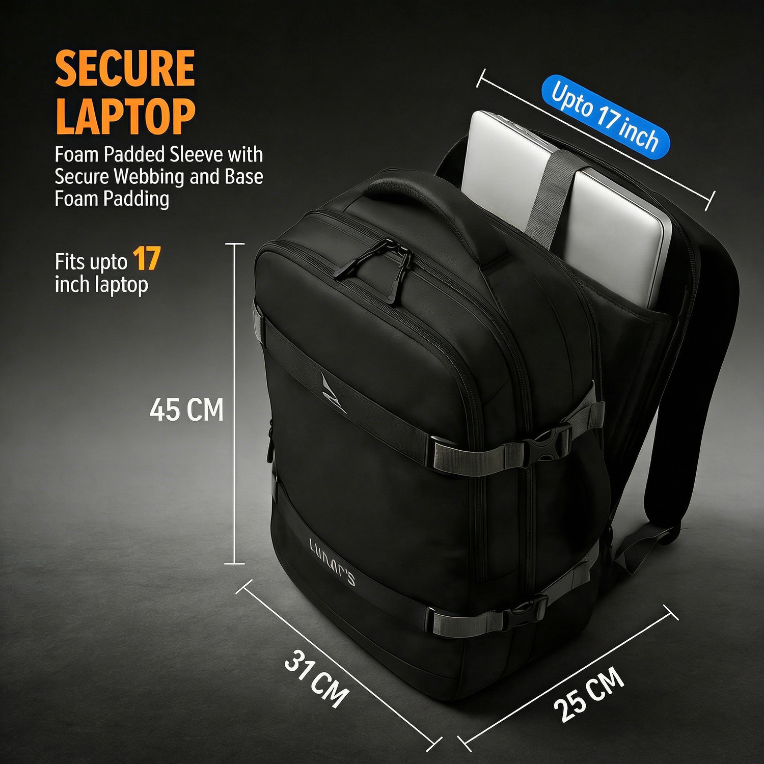 Image of Lunar's Large 45 L Laptop Backpack 45L Laptop Backpack with Anti-Theft Pocket Foam Padded (Black)