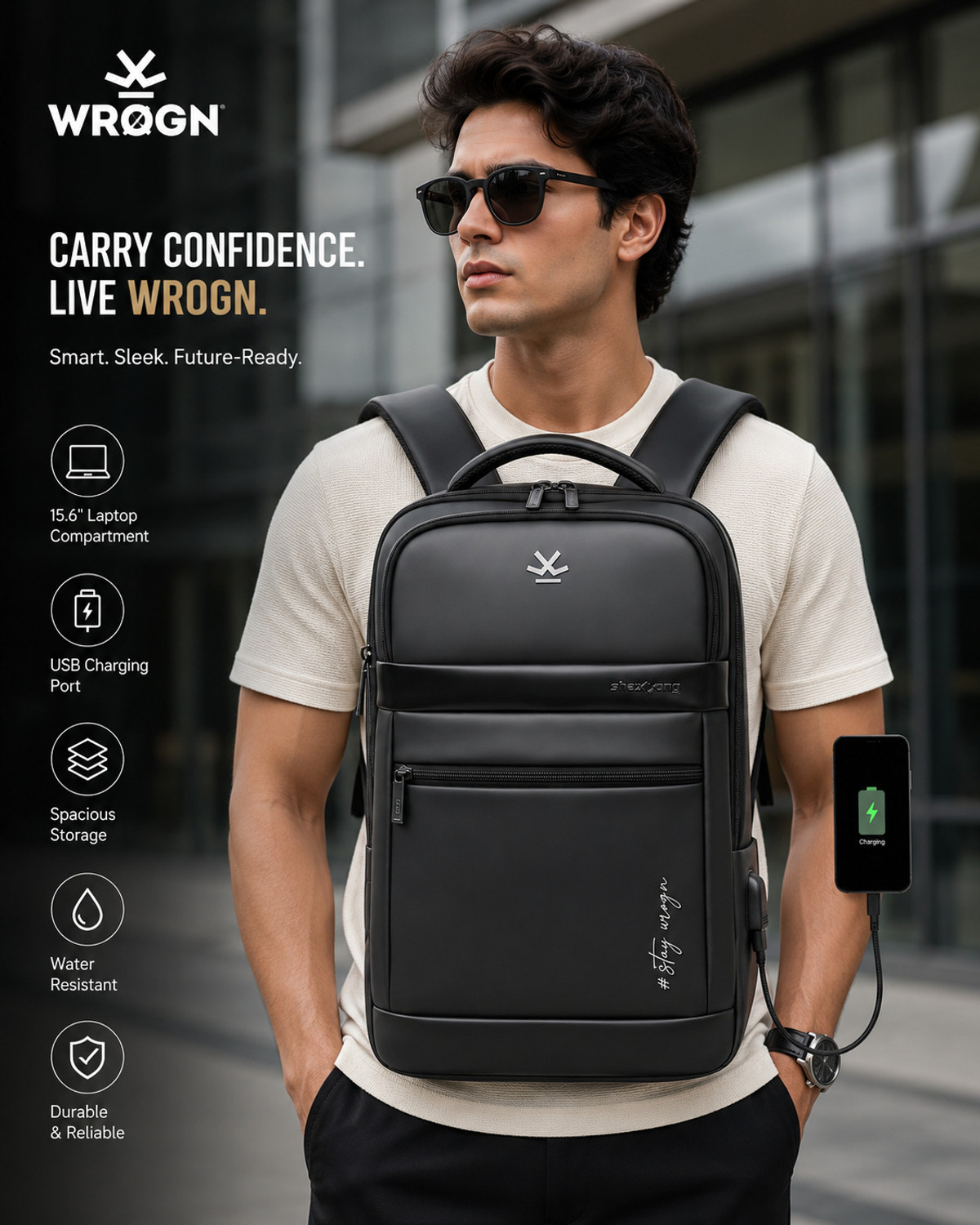 Image of WROGN Premium Anti-Theft Backpack USB Charging Port Travel Office Bags 32 L Backpack