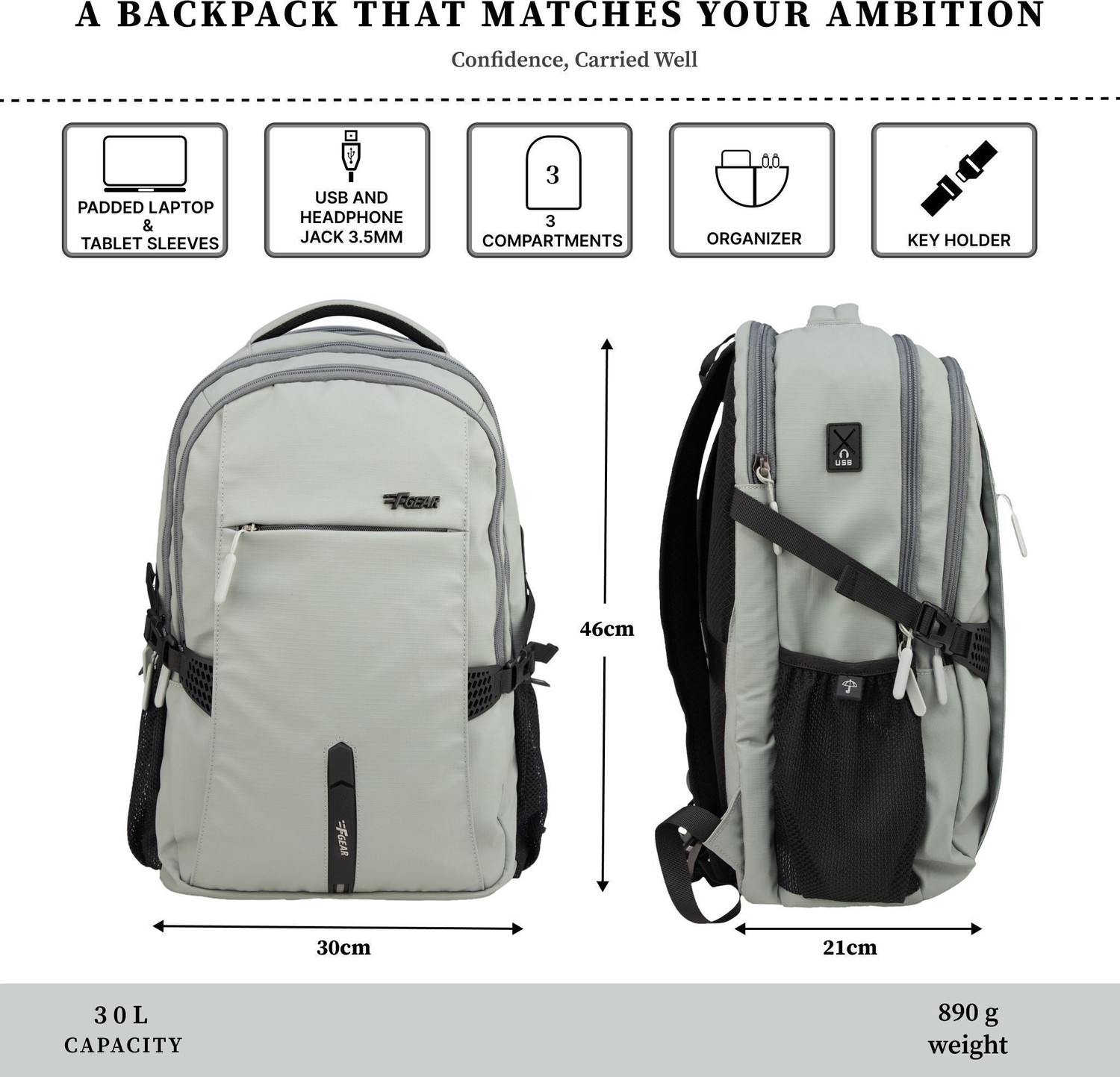 Image of F Gear Amalfi 30L Backpack|3 Spacious Compartments|Multi Use Port|Sternum Strap 30 L Laptop Backpack