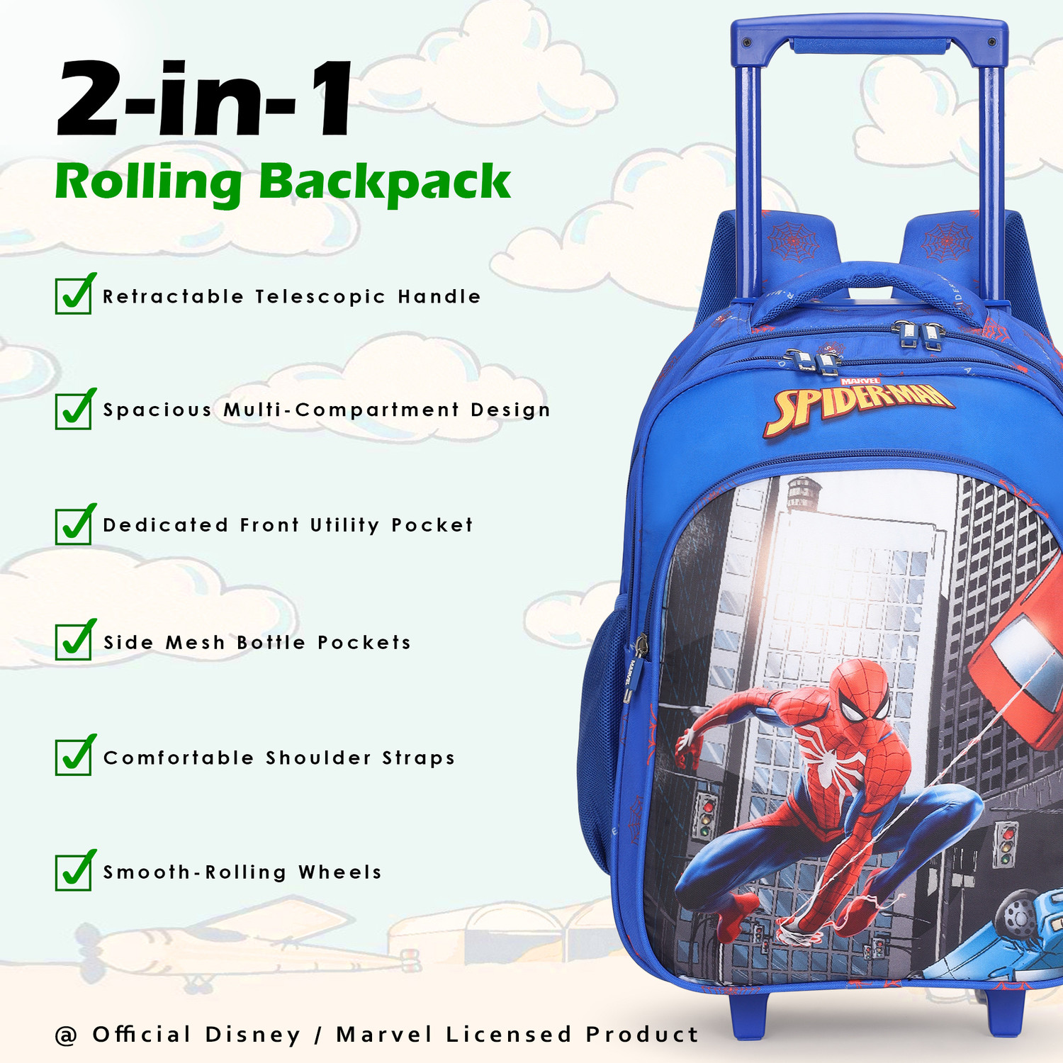 Image of MARVEL Large 42 L Backpack Original 18 inch Spider Man Kids Backpack Trolley Bag with 2 Wheel /School Bag (Blue)