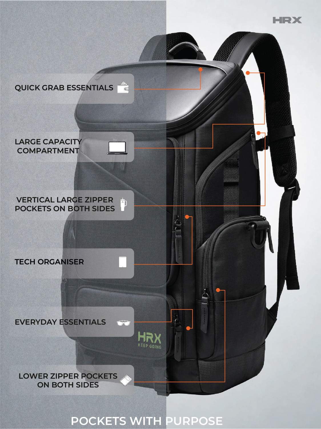 Image of HRX by Hrithik Roshan Keep Going Unisex Bakpack with Anti-Theft & 7 Utility Pockets and Chest Strap 42 L Laptop Backpack