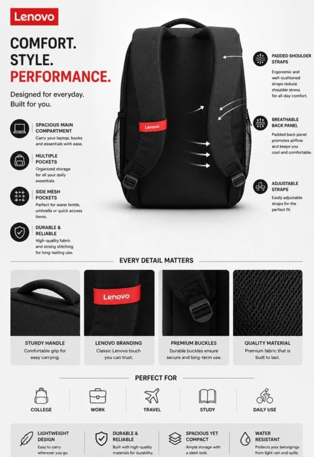 Image of Lenovo Large 36 L Laptop Backpack Lenovo129 (Black)