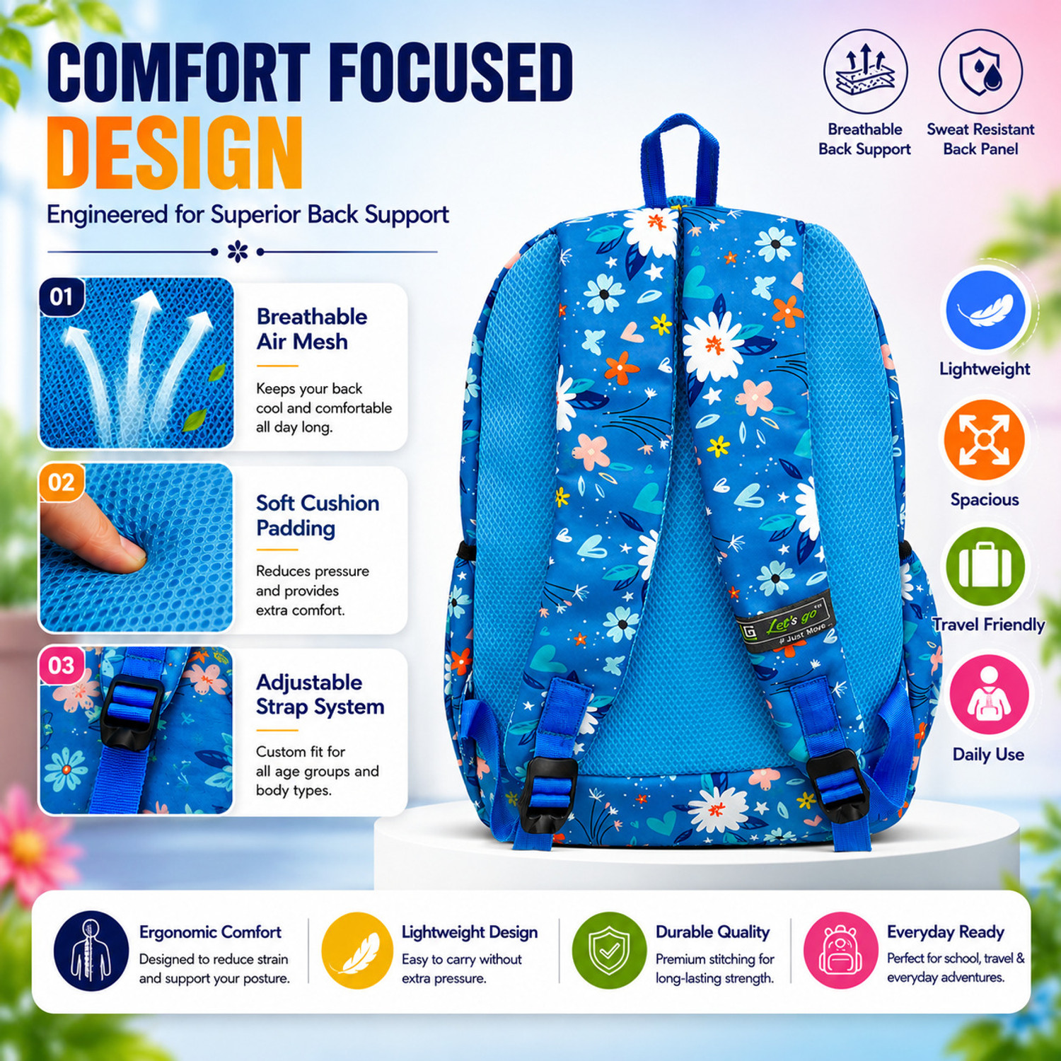 Image of Let's Go Floral Printed Backpack for Girls | School, College & Travel Bag 18 L Laptop Backpack