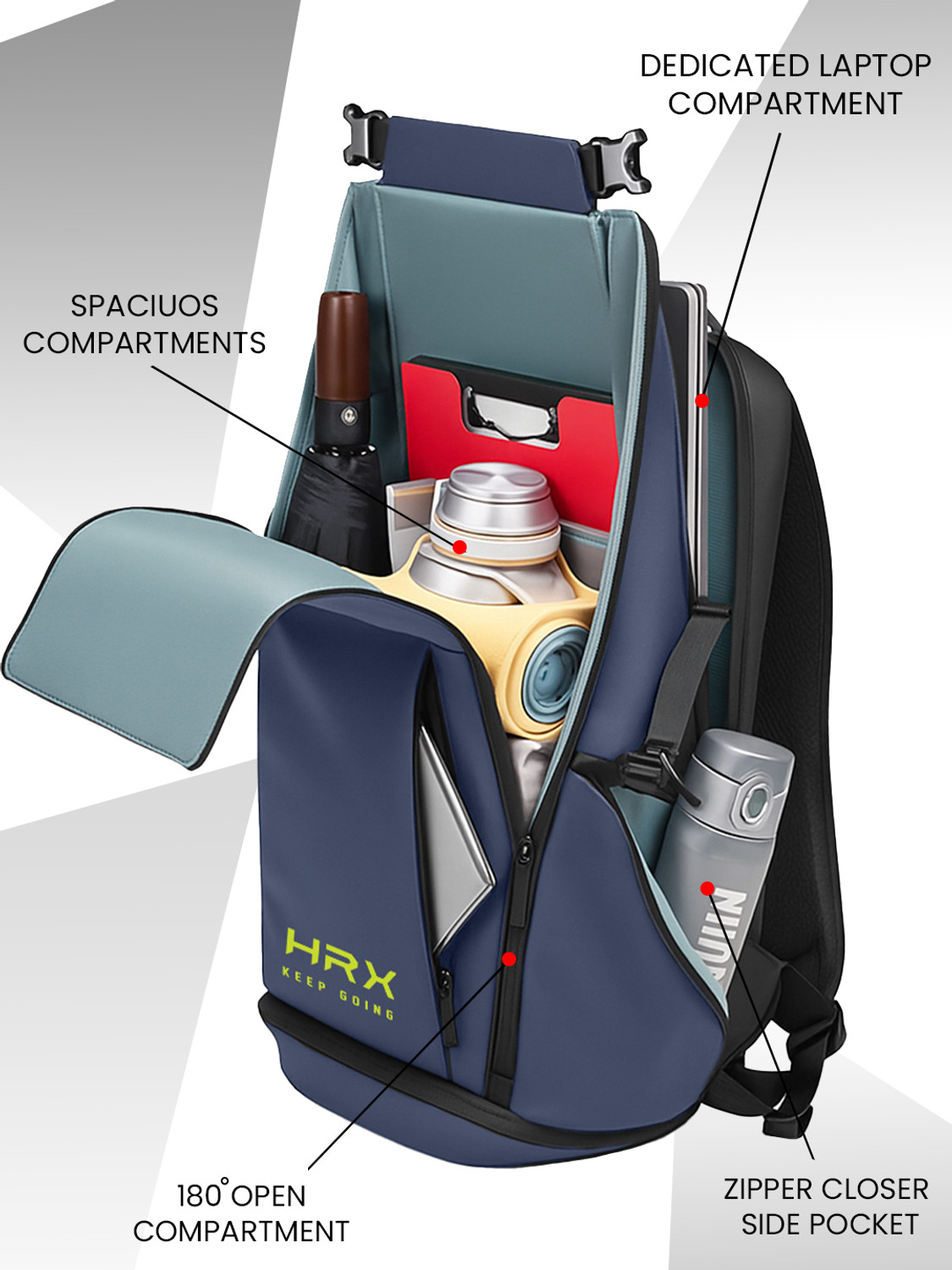 Image of HRX by Hrithik Roshan Keep Going Unisex Bag with both Shoe and 180 Volt Pocket 40 L Laptop Backpack