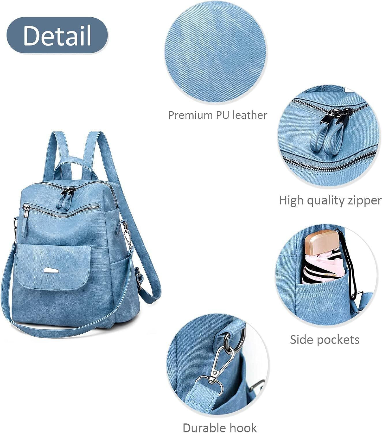 Image of Inovera Backpack for Women,Girls-Faux Leather Travel Shoulder Backpacks For Ladies(Blue) 3 L Backpack