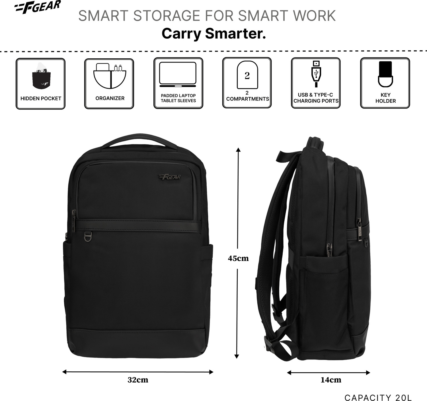 Image of F Gear Hallstat 20L Backpack USB & Type-C Ports|2 spacious Compartments & Hidden Pocket 20 L Laptop Backpack
