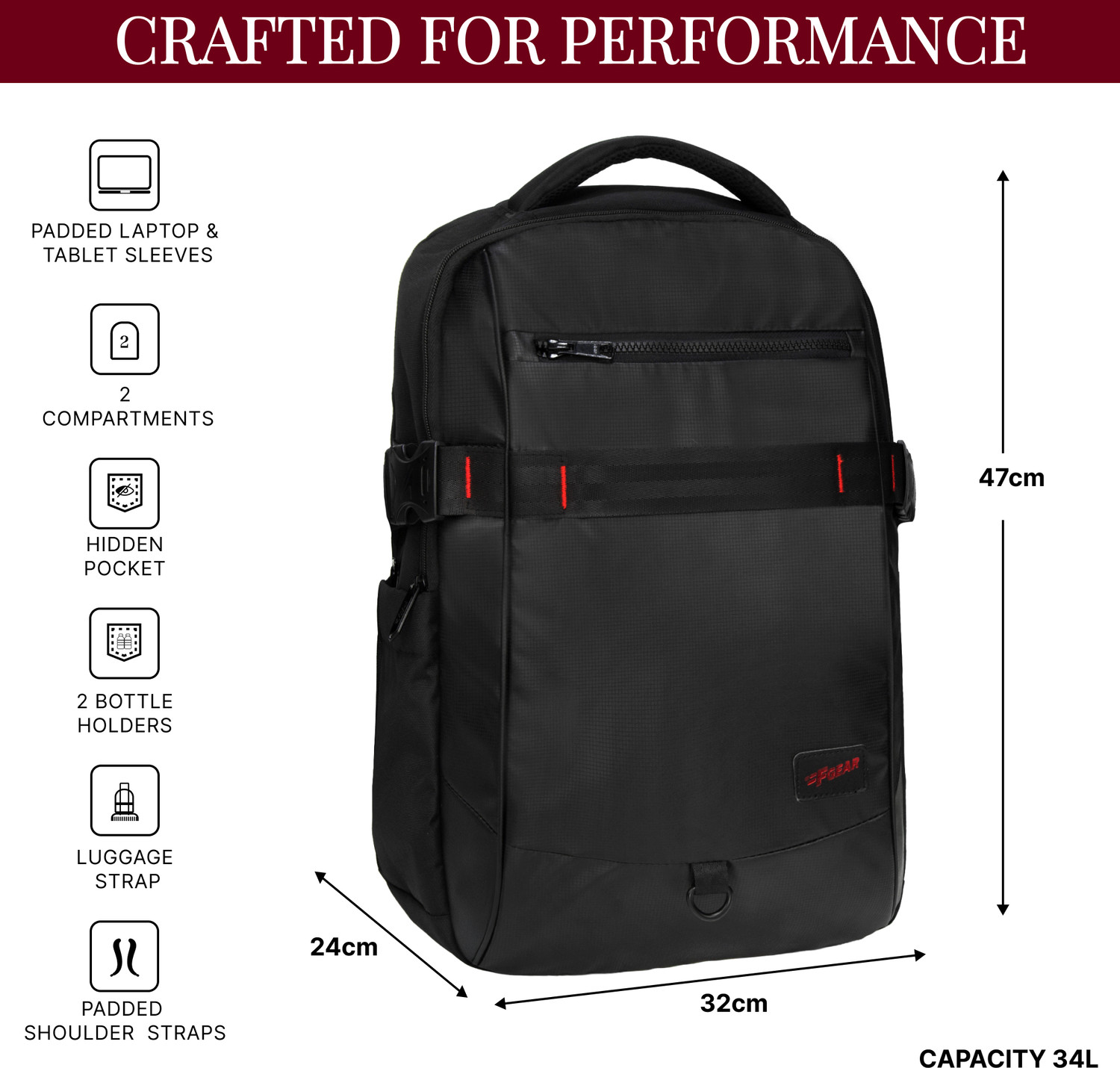 Image of F Gear Mason Black with Tablet Sleeve, Compression Straps & Key Holder 34 L Laptop Backpack