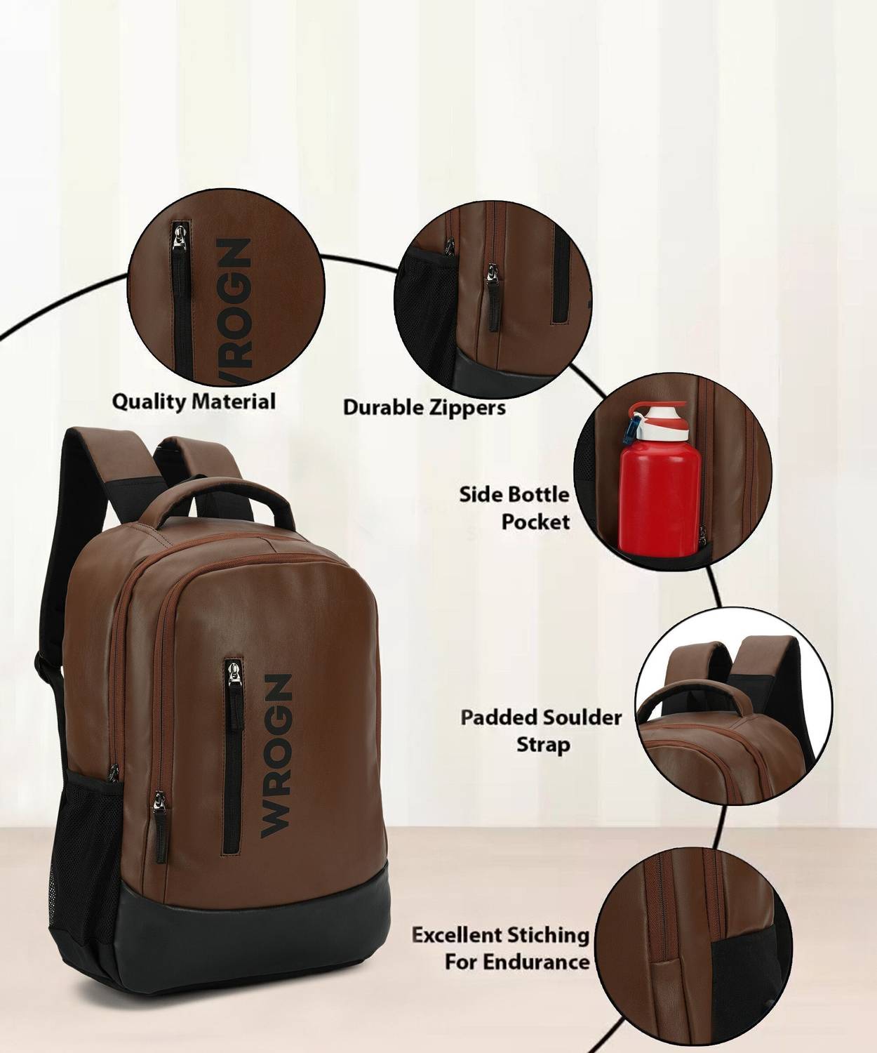 WROGN 35L 15.5 Inch Faux Leather Laptop Backpack - Image 4