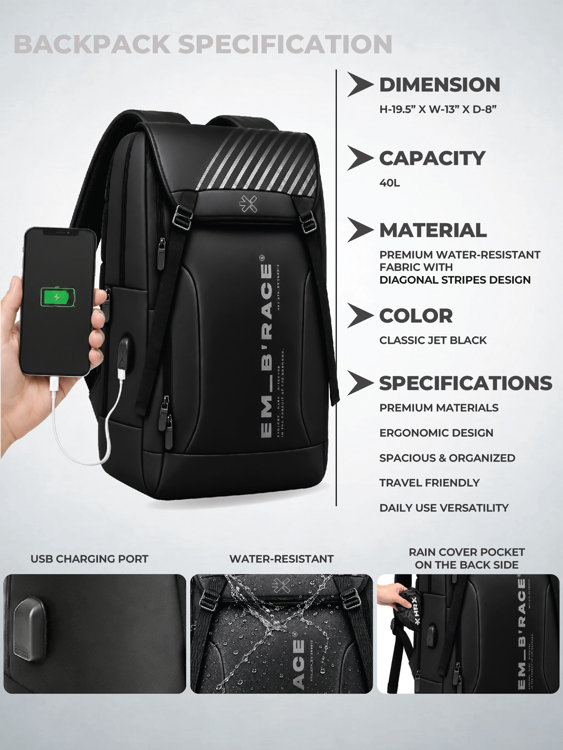 Image of HRX by Hrithik Roshan Large 42 L Laptop Backpack Velocity Unisex Travel Backpack with Anti Theft Pocket, Chest & Luggage Strap (Black)