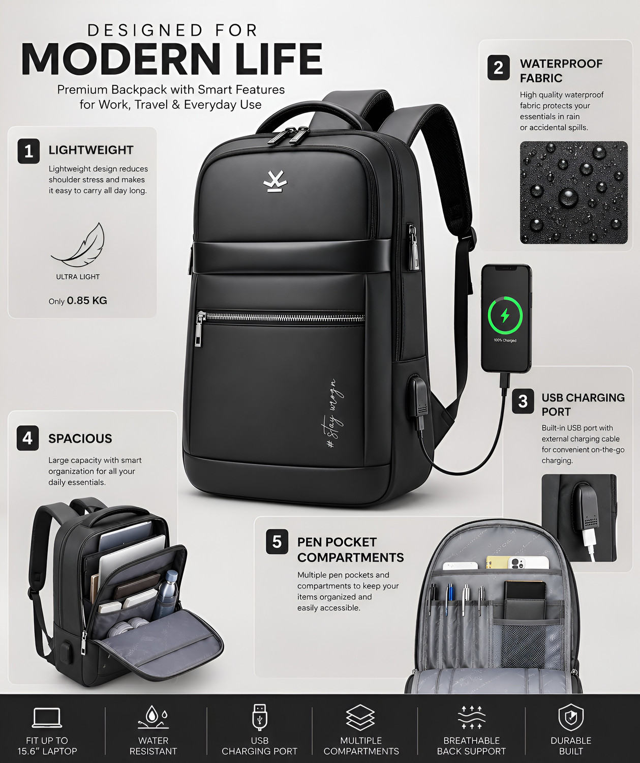 Image of WROGN Premium Anti-Theft Backpack USB Charging Port Travel Office Bags 32 L Backpack
