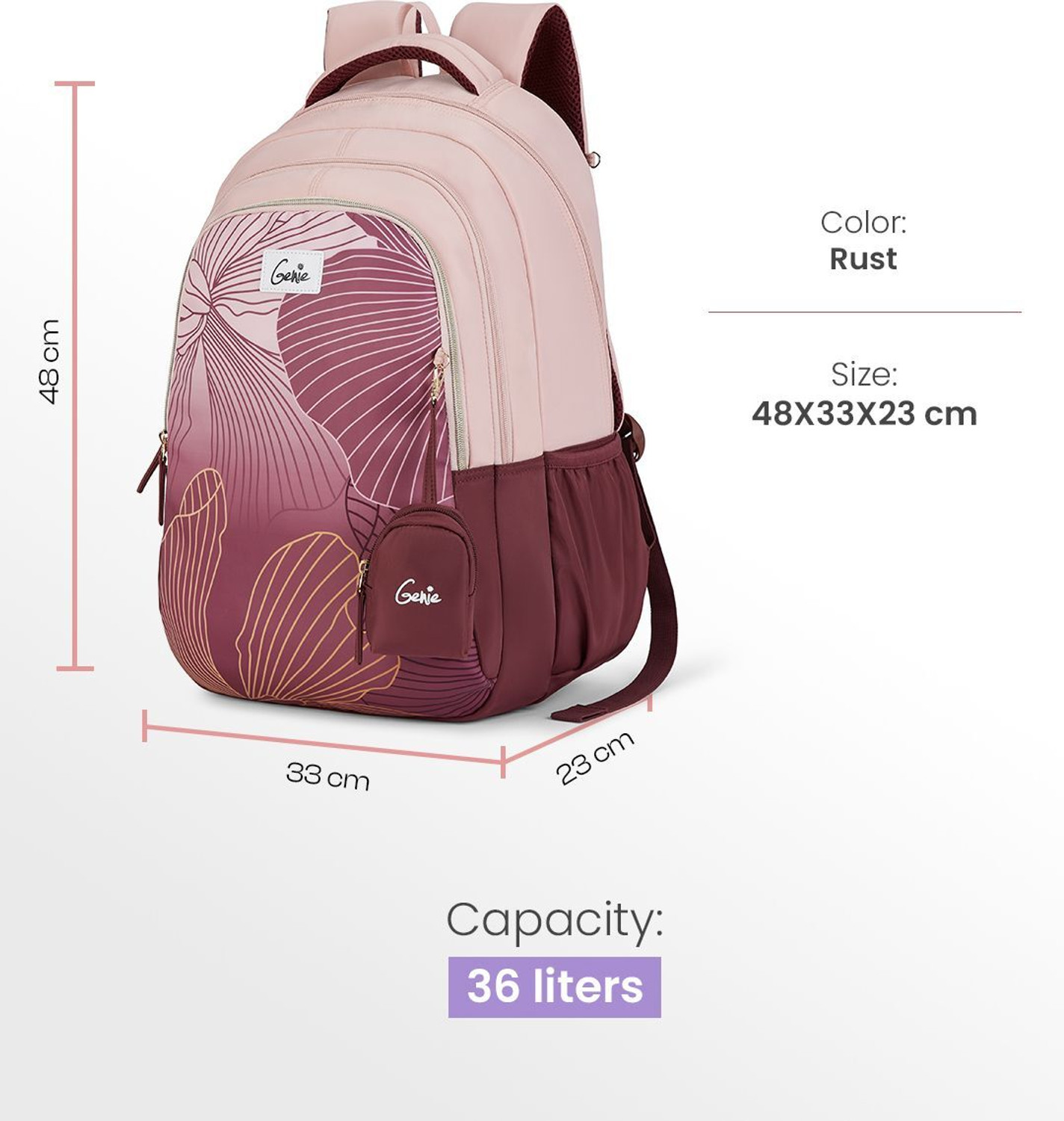Image of Genie Large 36 L Backpack Emberlit School Backpack For Girls |19 Inch - Rust (Beige, Maroon)