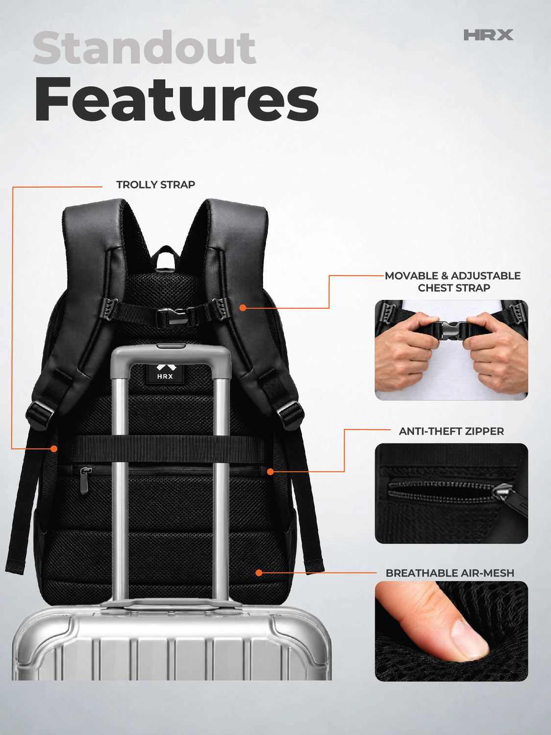 Image of HRX by Hrithik Roshan Large 42 L Laptop Backpack Velocity Unisex Travel Backpack with Anti Theft Pocket, Chest & Luggage Strap (Black)