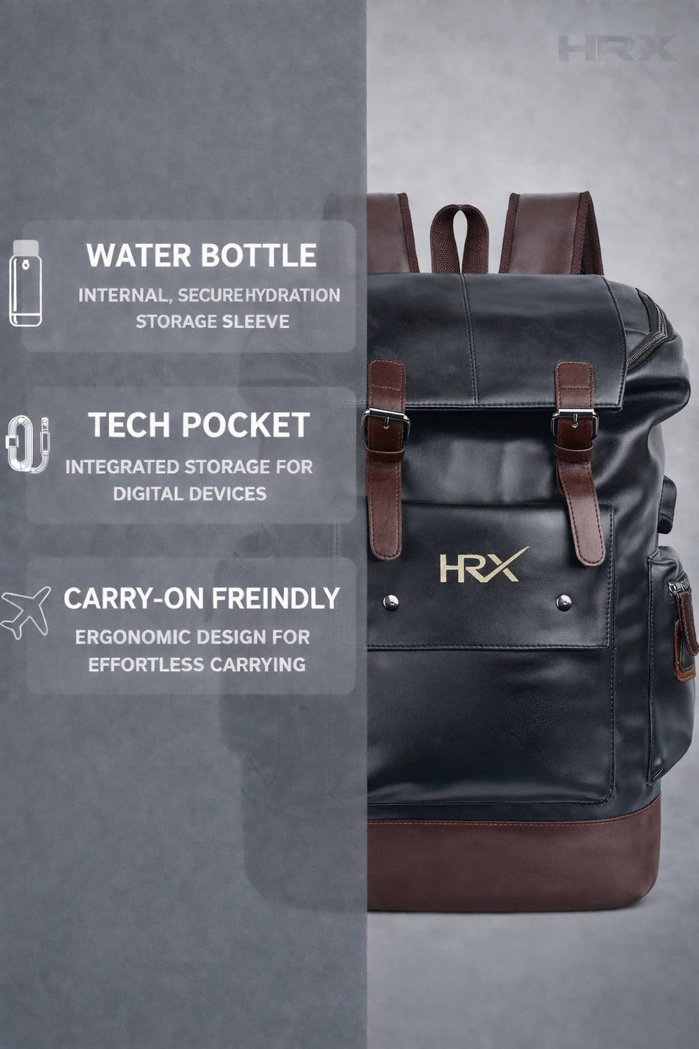 HRX by Hrithik Roshan Leather Anti-Theft 35L Laptop Backpack with USB - Image 3