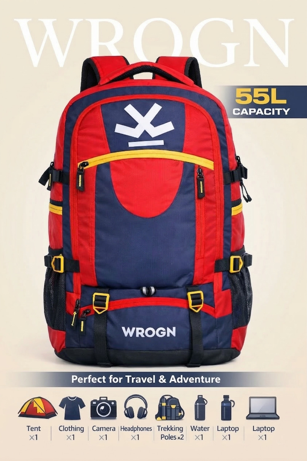 Image of WROGN Large Travel Trekking Bag Adjustable Straps for Travel Hiking & Outdoor 55 L Backpack