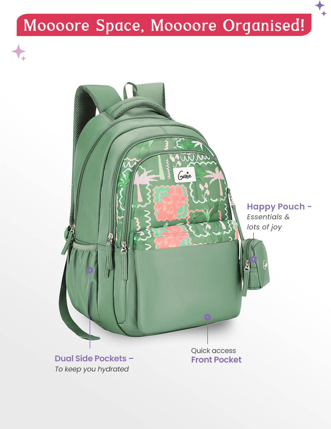 Image of Genie Mirana School Backpack For Girls |19 Inch - Sage 36 L Backpack