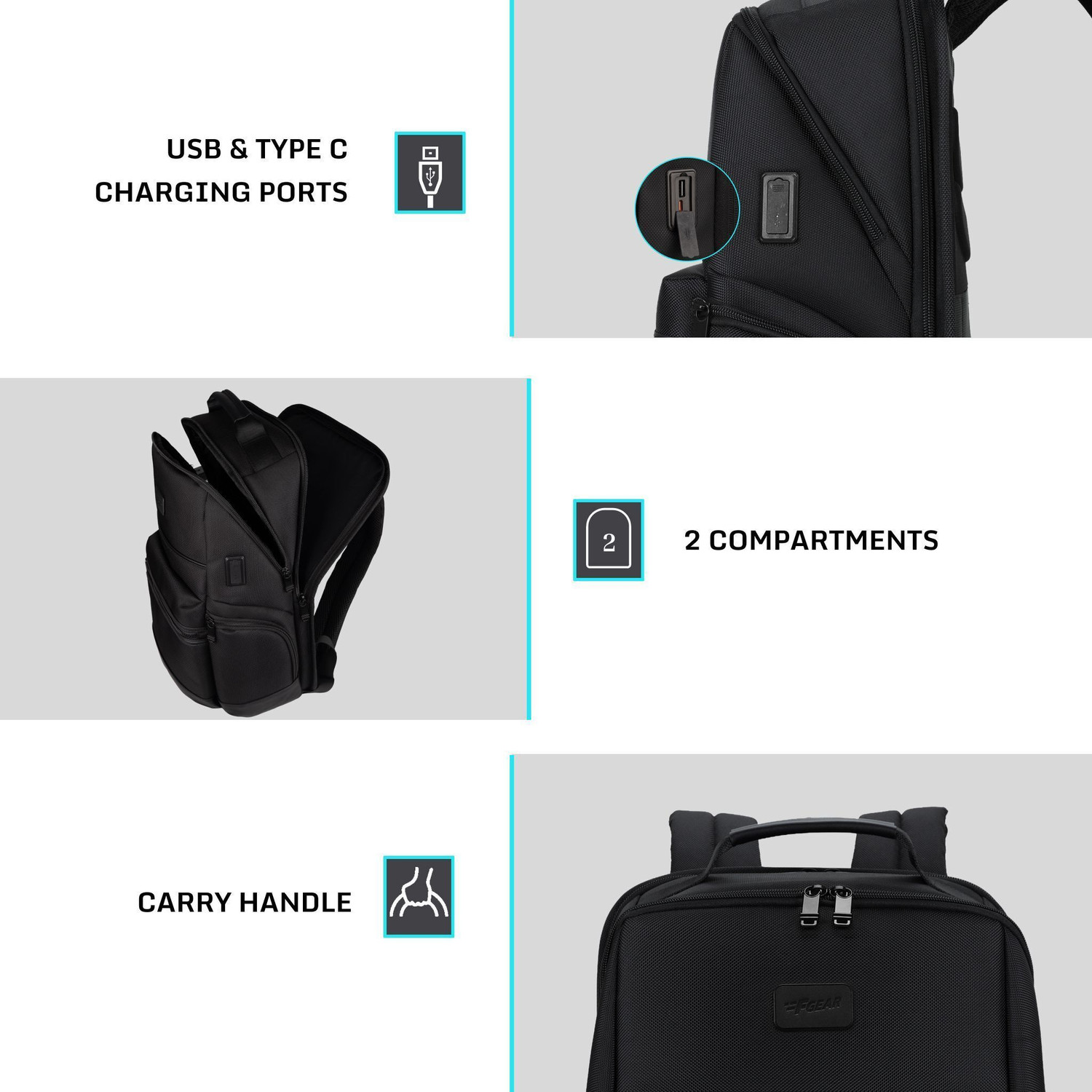 Image of F Gear Varello 23L Black Laptop Backpack | 17 inch Laptop, USB & Type-C Port 23 L Laptop Backpack