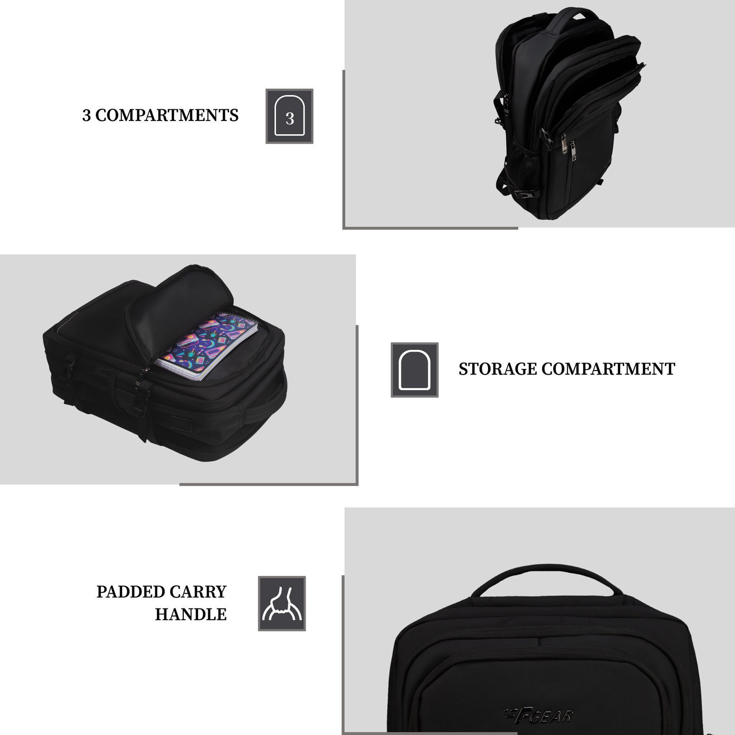 Image of F Gear Sydney Black with USB & Type-C Charging & Compression Straps 27 L Laptop Backpack