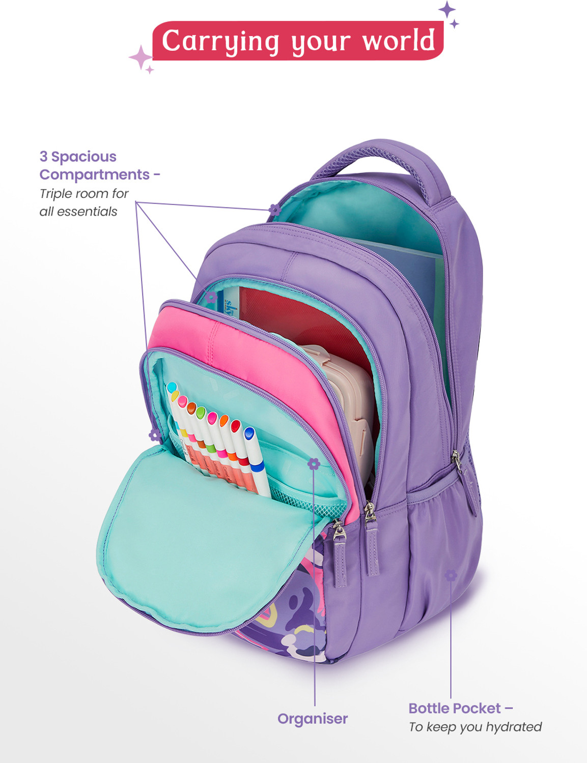 Image of Genie Enchant School Backpack For Girls |17 Inch - Purple 27 L Backpack
