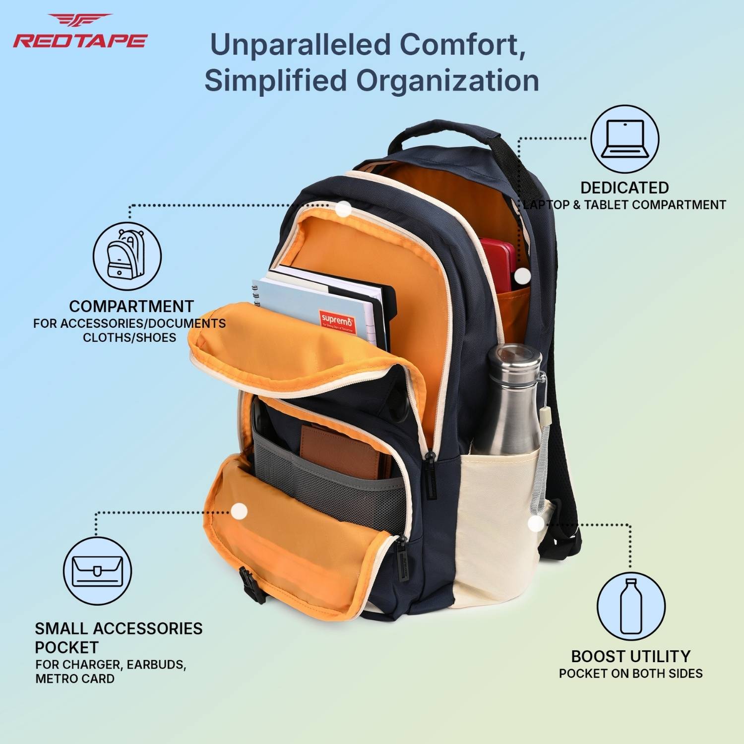 RED TAPE Navy Polyester Backpack 26L - Image 4