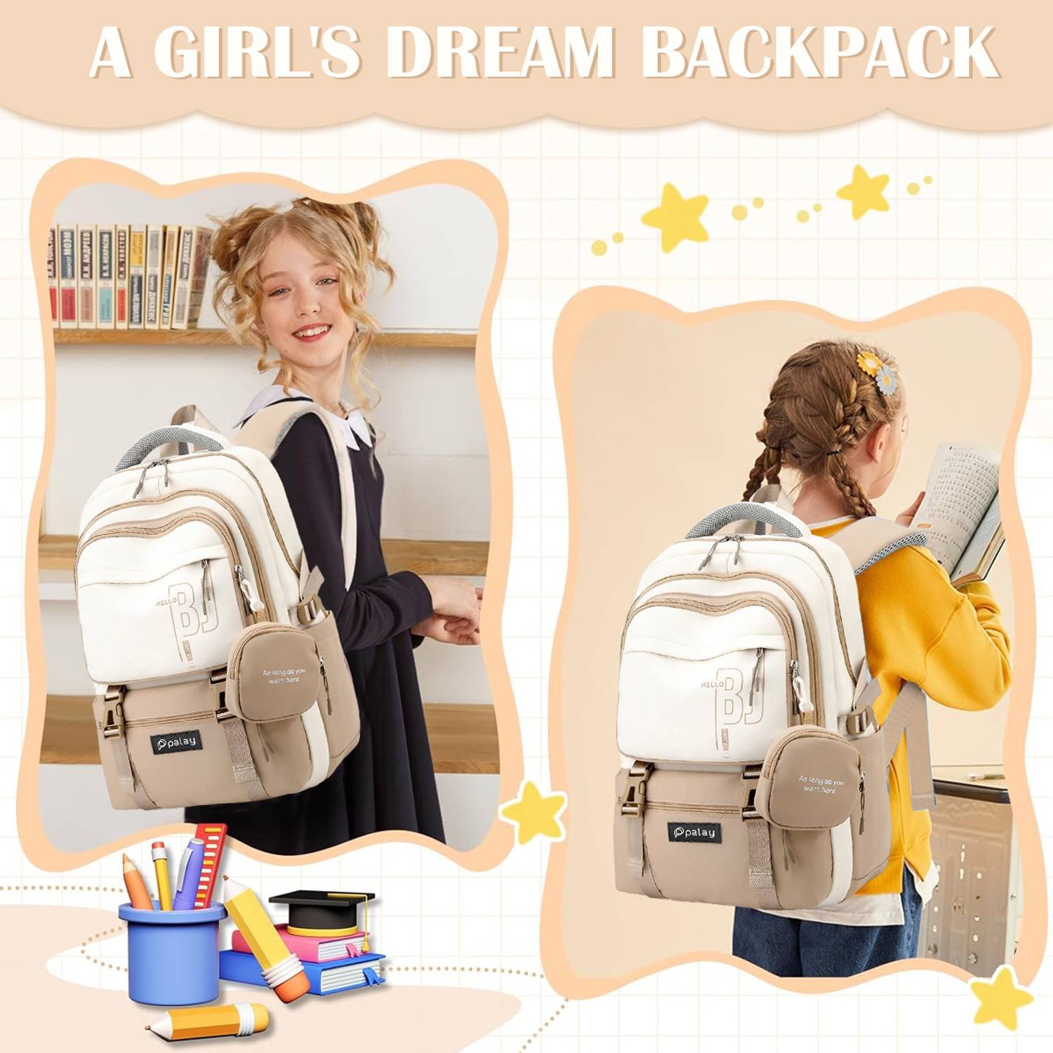 maycreate Girls School Backpack 5.67L Khaki - Image 2