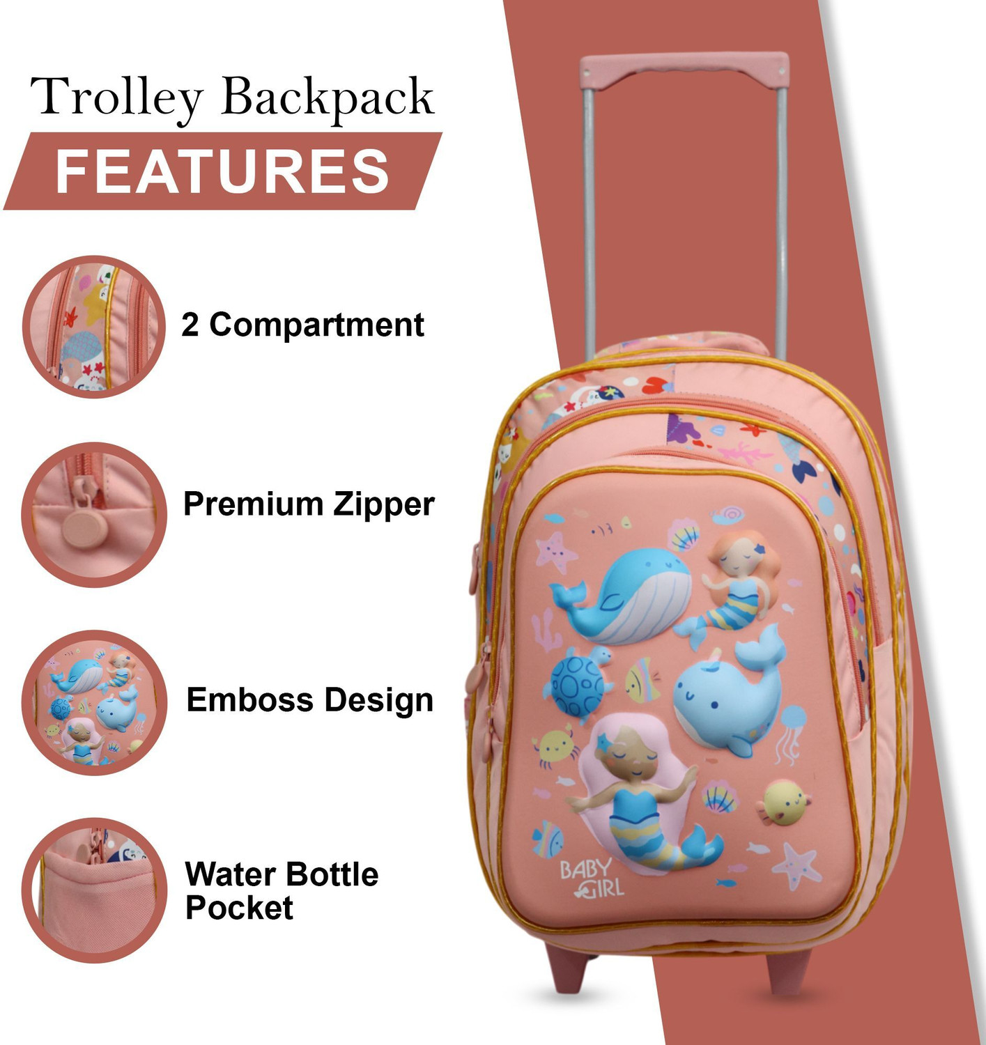 Image of Baby Girl School Kids Trolly Bag | GIRL School Kids Trolley Bag Waterproof |Color Peach 35 L Trolley Backpack