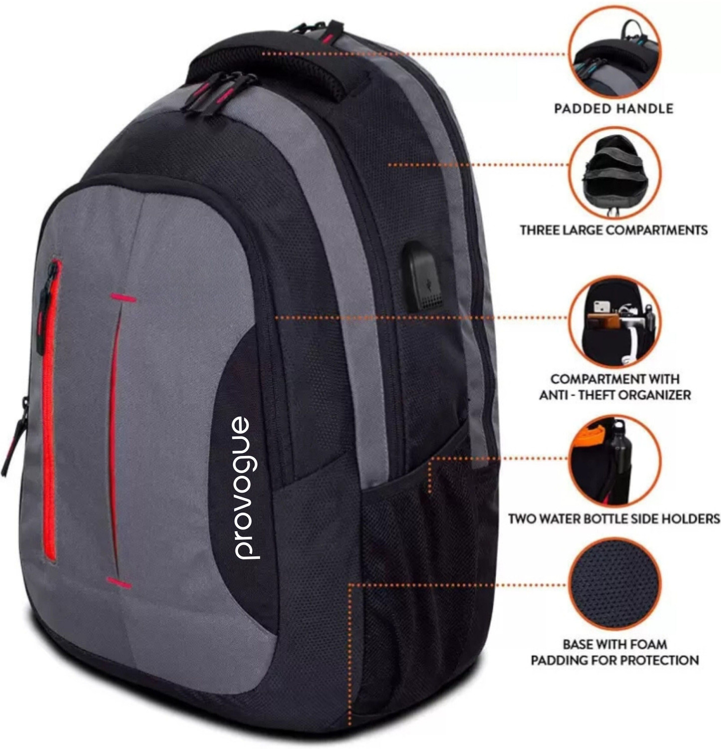 Image of PROVOGUE laptop backpack unisex with usb charging port.water Resistant(Black) 36 L Backpack
