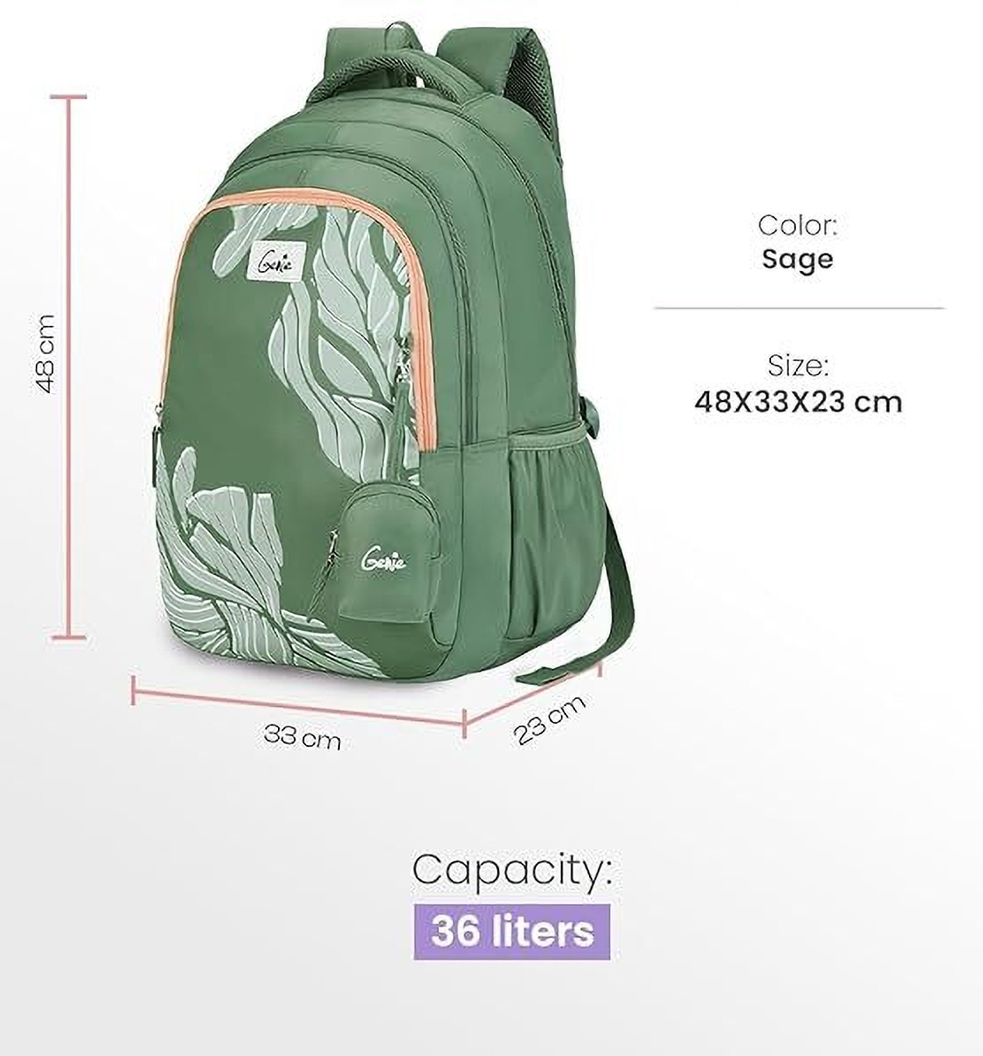 Image of Genie MIRA Sage Green School Backpack for girls, 19 36 Litres, 3 compartments School Bag