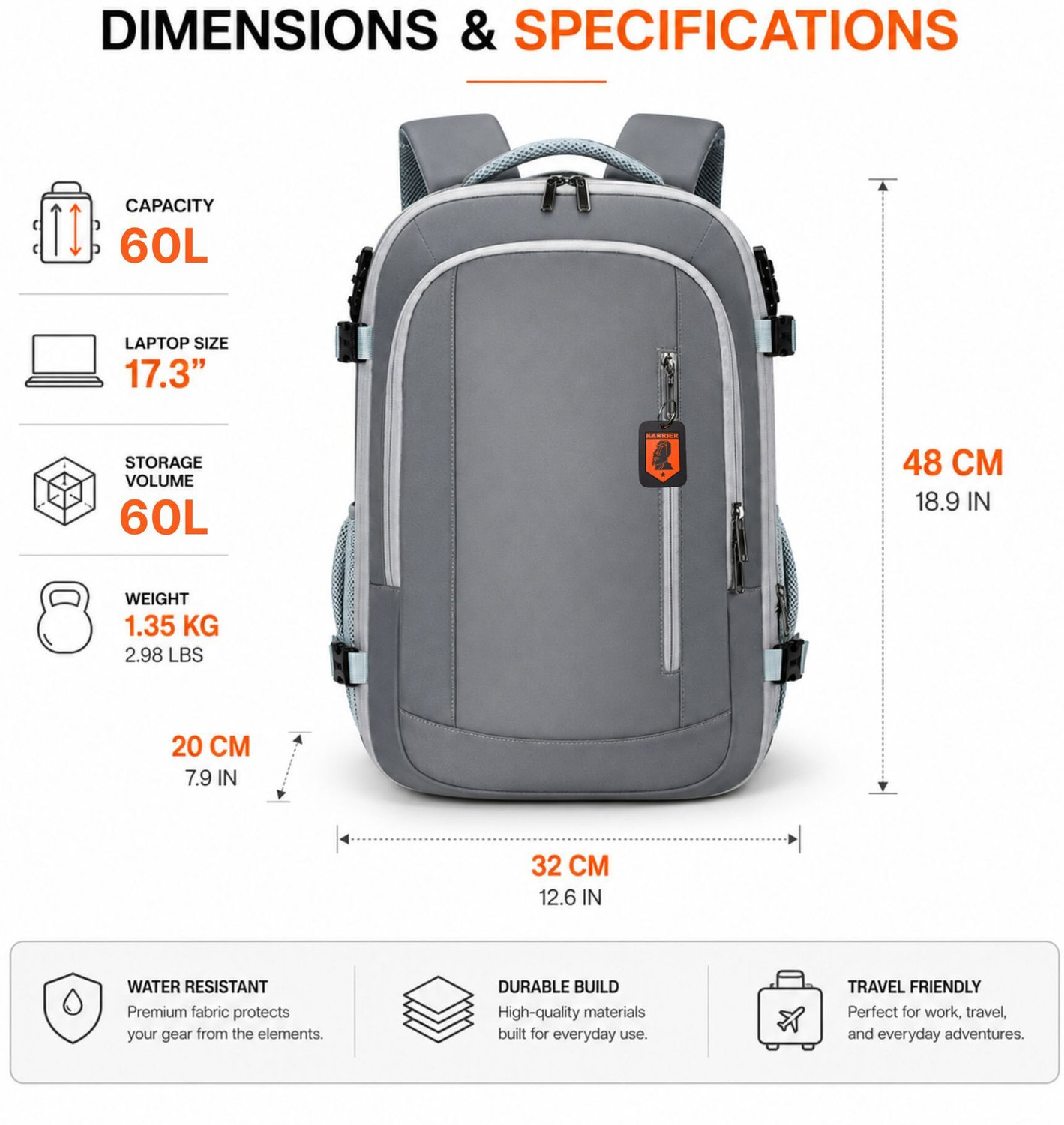 Image of KARRIER 3-in-1 Vacuum Compression Backpack: Travel Organizer with Laptop Compartment 60 L Backpack
