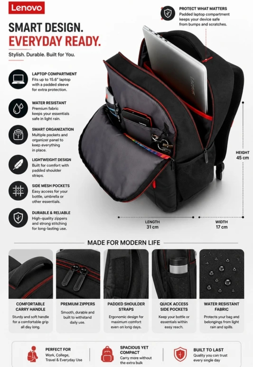 Image of Lenovo Large 36 L Laptop Backpack Lenovo129 (Black)